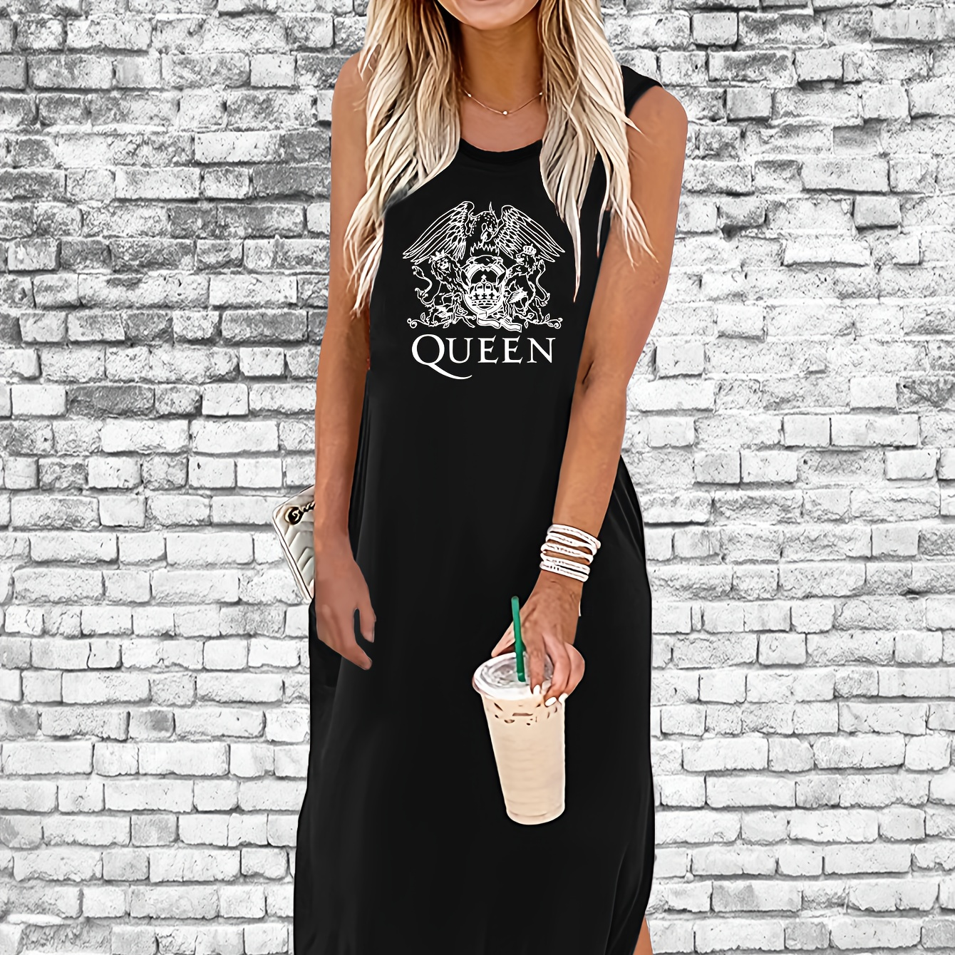 

Queen Print Tank Dress, Sleeveless Crew Neck Casual Dress For Summer & Spring, Women's Clothing