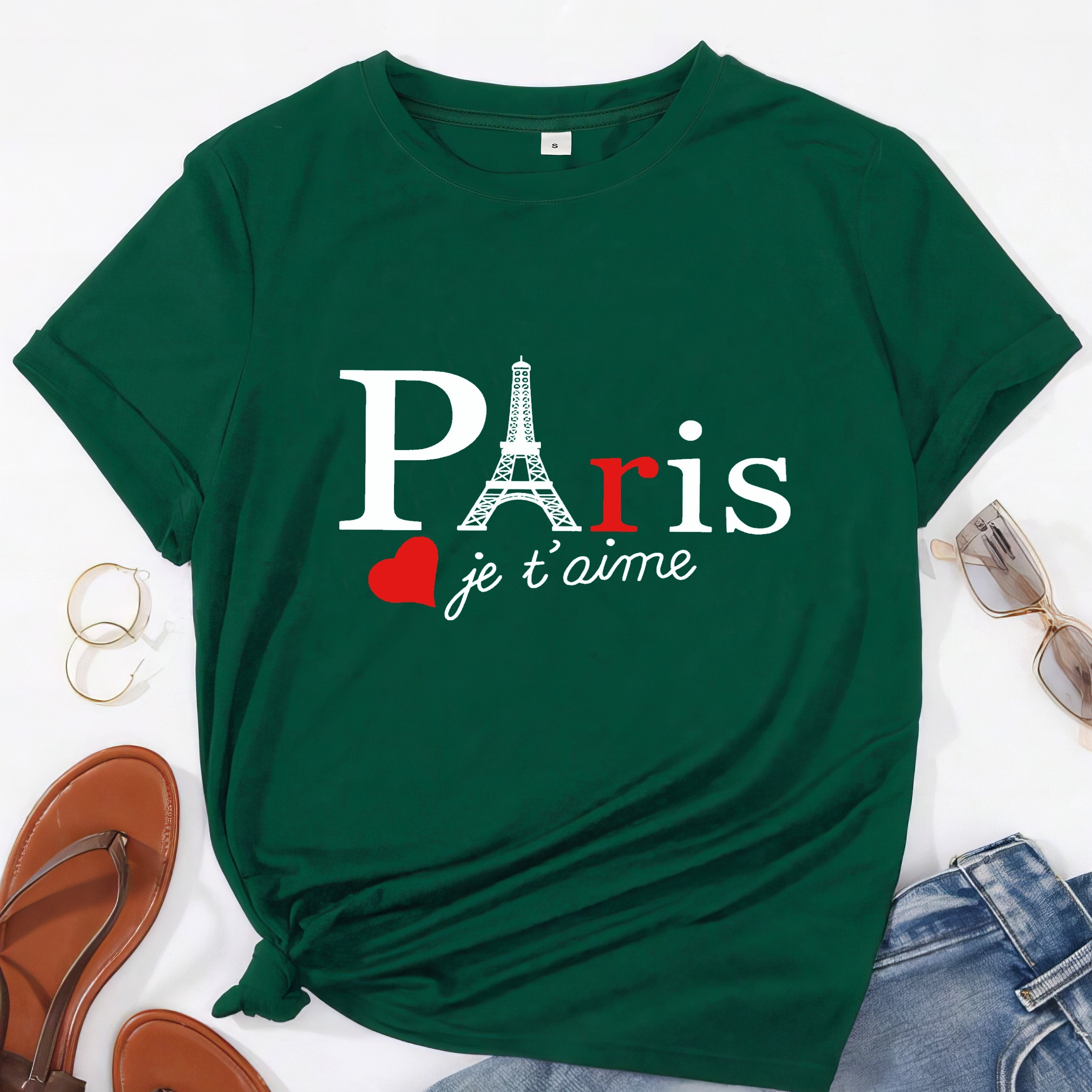 

Paris Print Crew Neck T-shirt, Casual Short Sleeve Top For Spring & Summer, Women's Clothing