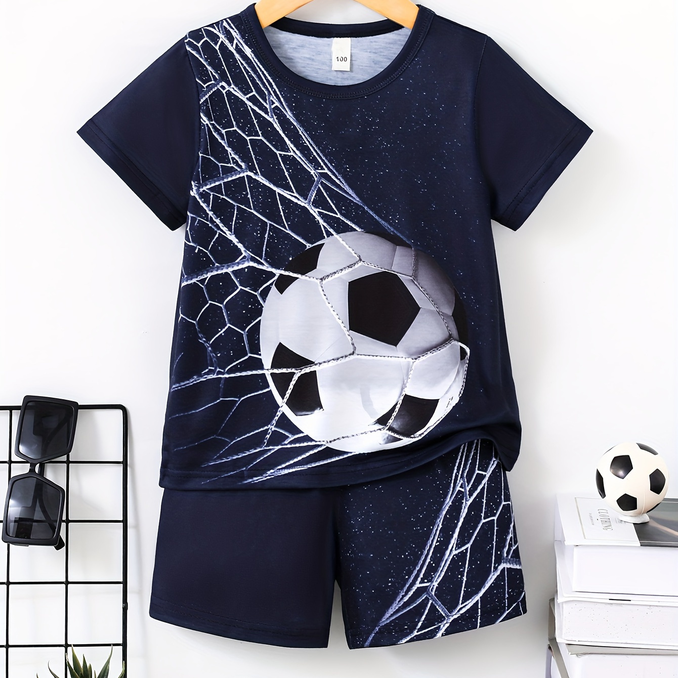 

2pcs Boys Casual Soccer Ball Graphic Print Short Sleeve T-shirt & Shorts Set, Comfy Summer Kids Clothes