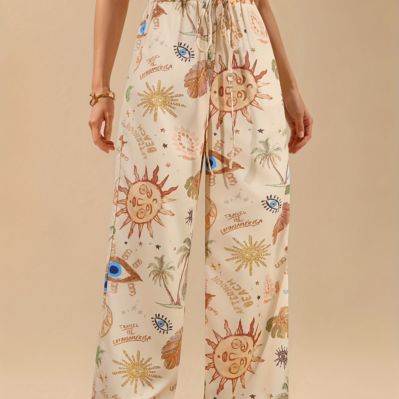 

Women's Bohemian Flare Leg Pants, , Stars & Sunflower Print, Casual Bell Bottoms With Fake Drawstring, 100% Polyester, Woven, 110g/m², All