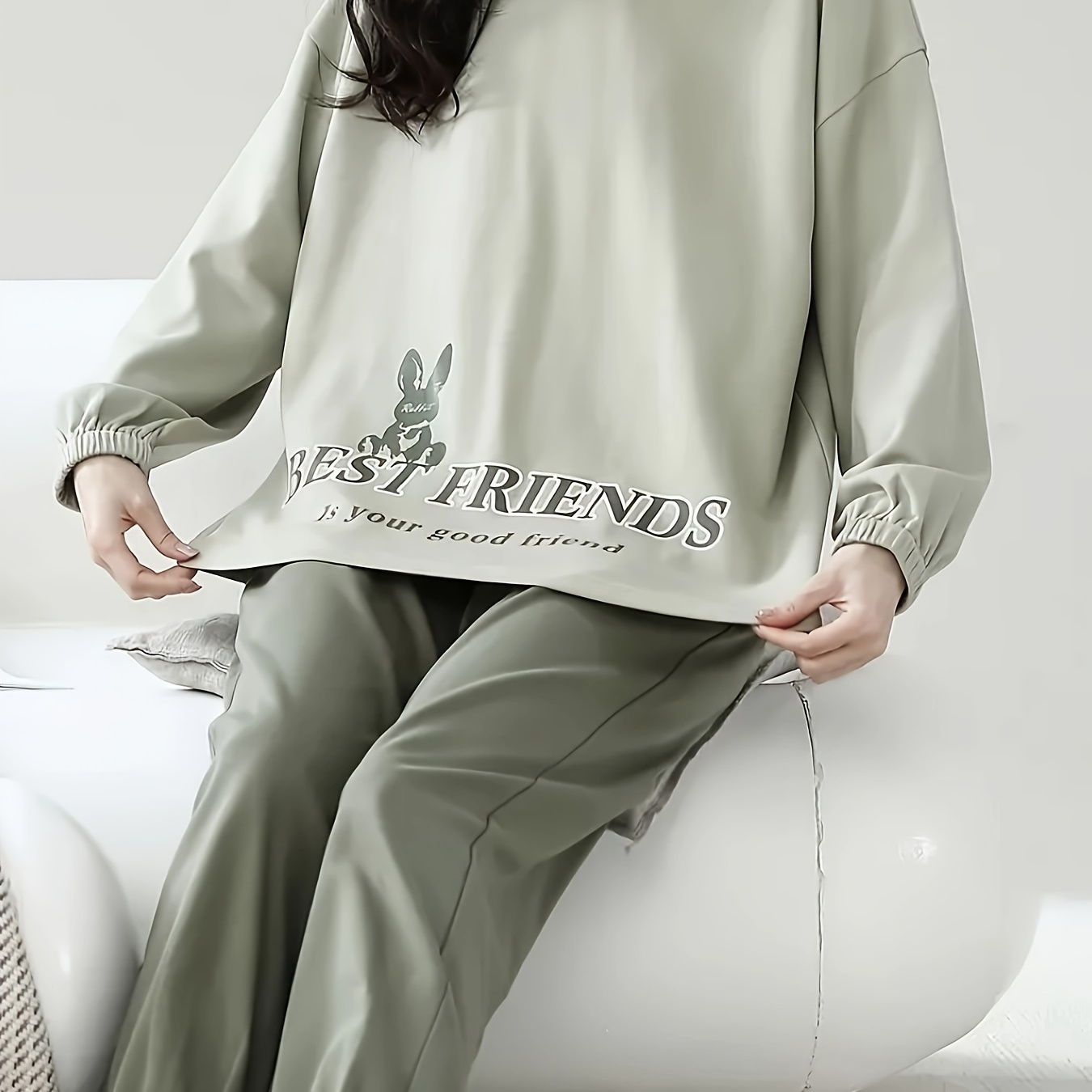 

Women's Casual Cartoon Letter Print Pajama Set - Long Sleeve Crew Neck Top With Pants, Soft Knit Fabric, Polyester 95% Elastane 5%, Loungewear For Teens