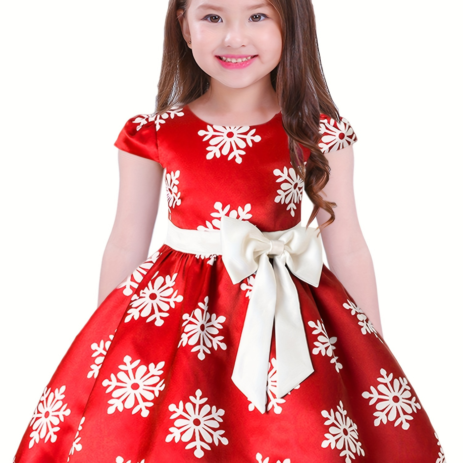 

Snowflake Print Dress With Bow Belt Girls Crew Neck Short Sleeve Dresses For Party, Birthday, Christmas