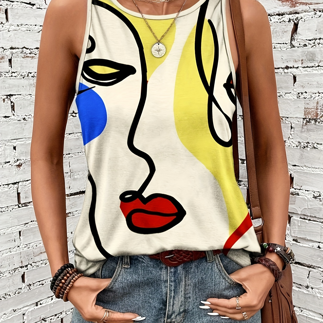 

Abstract Print Crew Neck Tank Top, Casual Sleeveless Top For Spring & Summer, Women's Clothing