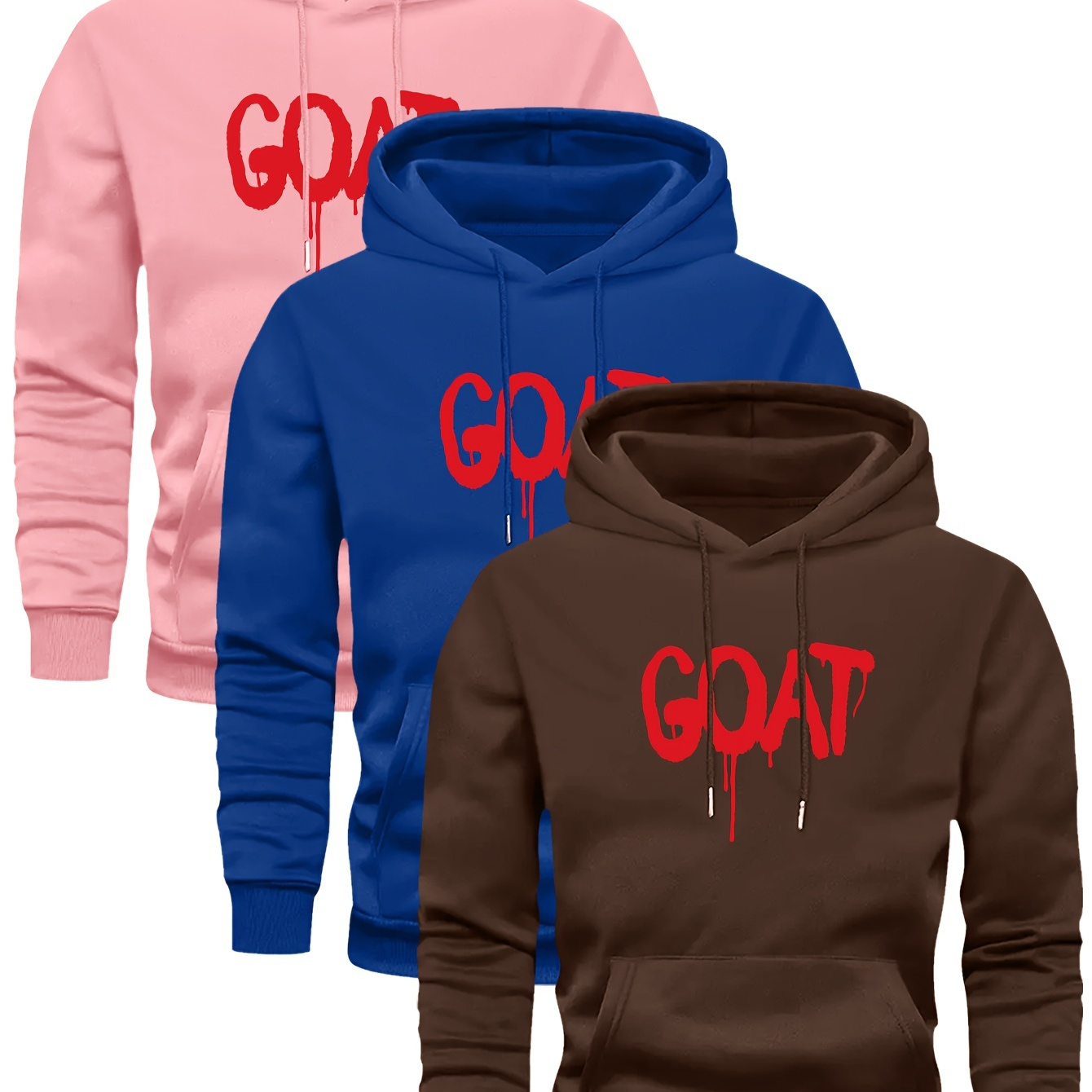 

3-pack Men's Casual Fashion Hooded Sweatshirts, Geometric "goat" Print, Polyester Knit With Stretch, Long Sleeve, Regular Fit, With Pockets - Spring/fall Collection