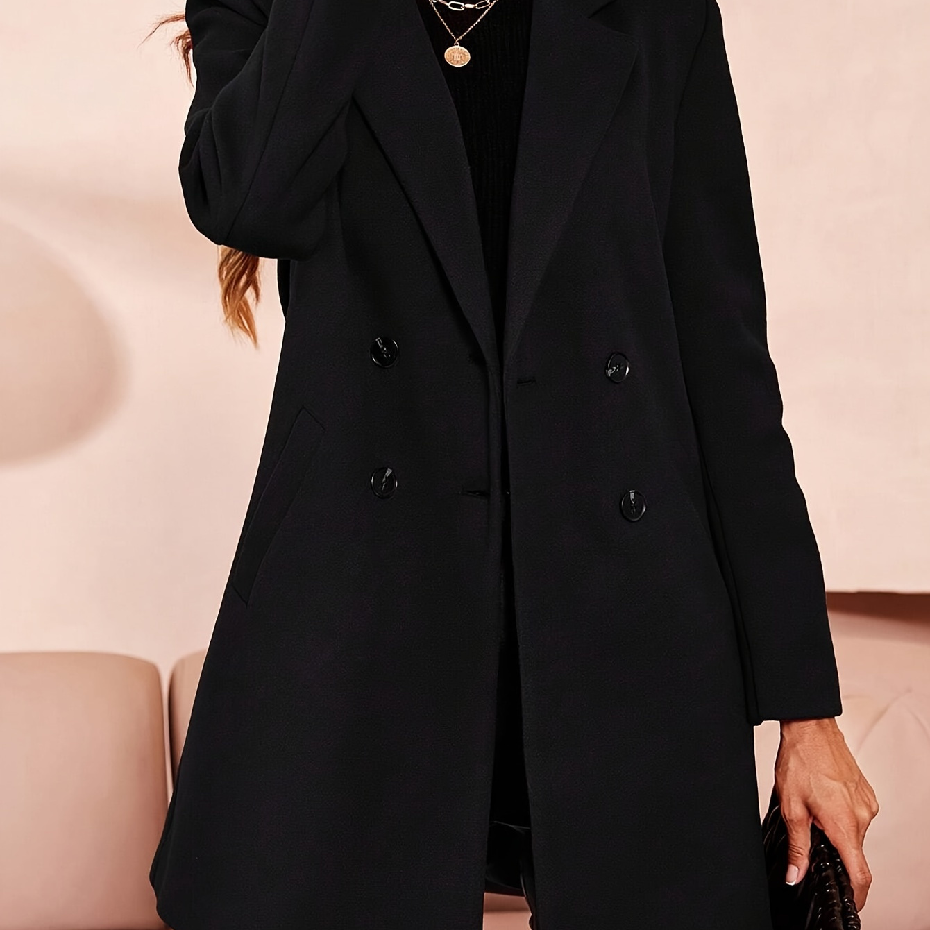 

Double-breasted Notched Lapel Coat, Elegant Solid Long Sleeve Longline Coat For Fall & Winter, Women's Clothing