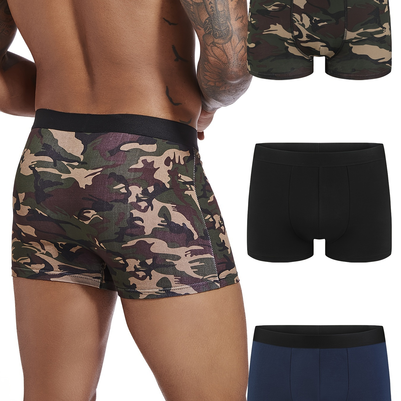 

3pcs Camouflage Print Men's Sexy Underwear, Breathable Soft Comfy Stretchy Boxer Briefs Shorts, Casual Home Underpants For Male