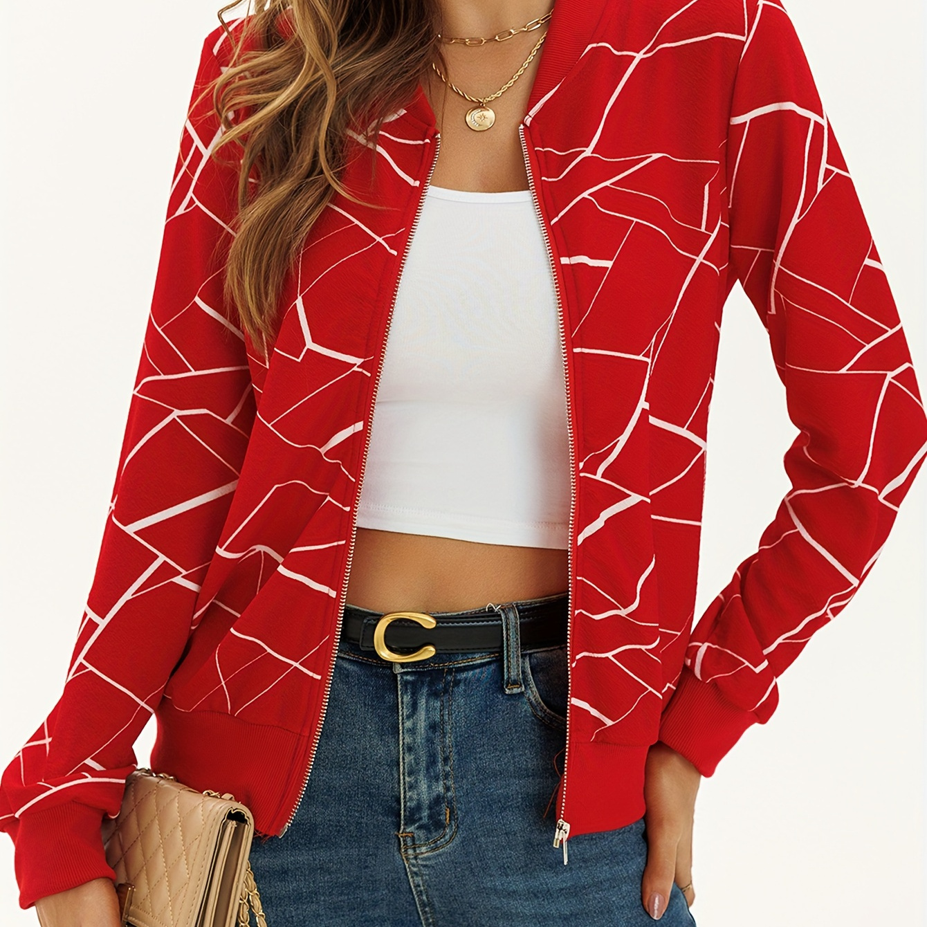 

Geo Print Zipper Front Jacket, Casual Long Sleeve Jacket For Spring & Fall, Women's Clothing