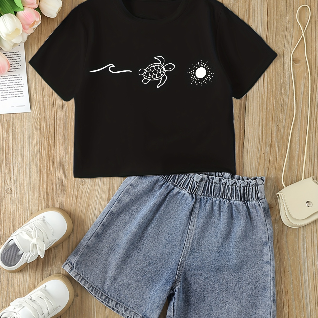 

2-piece Simplicity Graphic T-shirt + Denim Shorts Girl's Set, Summer Going Out Girls Clothes Outfit
