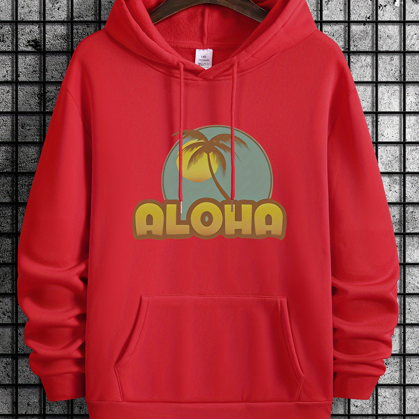 

Aloha With Palm Tree Beach Background Print Sweatshirt, Creative Graphic Design Pullover For Men, Men's Hooded Streetwear Hoodies, For All Seasons, As Gifts