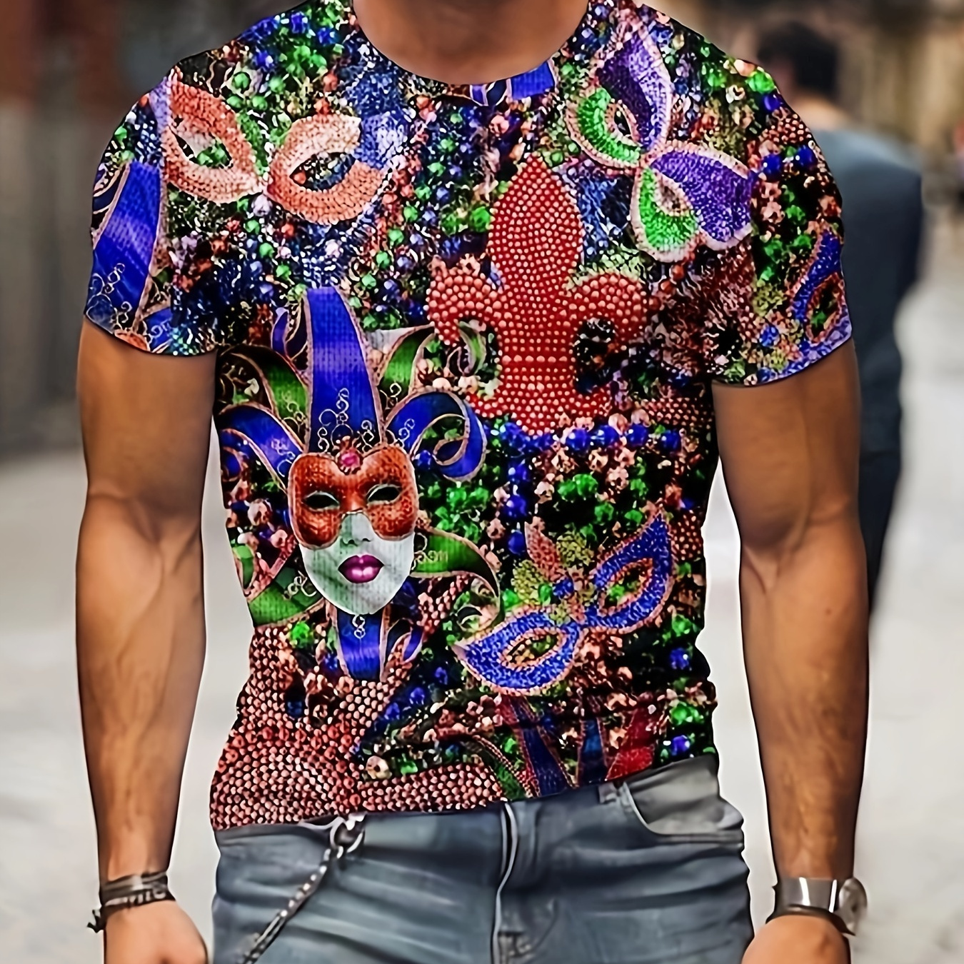 

Mardi Gras Themed Masks 3d Print Men's Novelty Short Sleeve Crew Neck T-shirt, Summer Outdoor Party