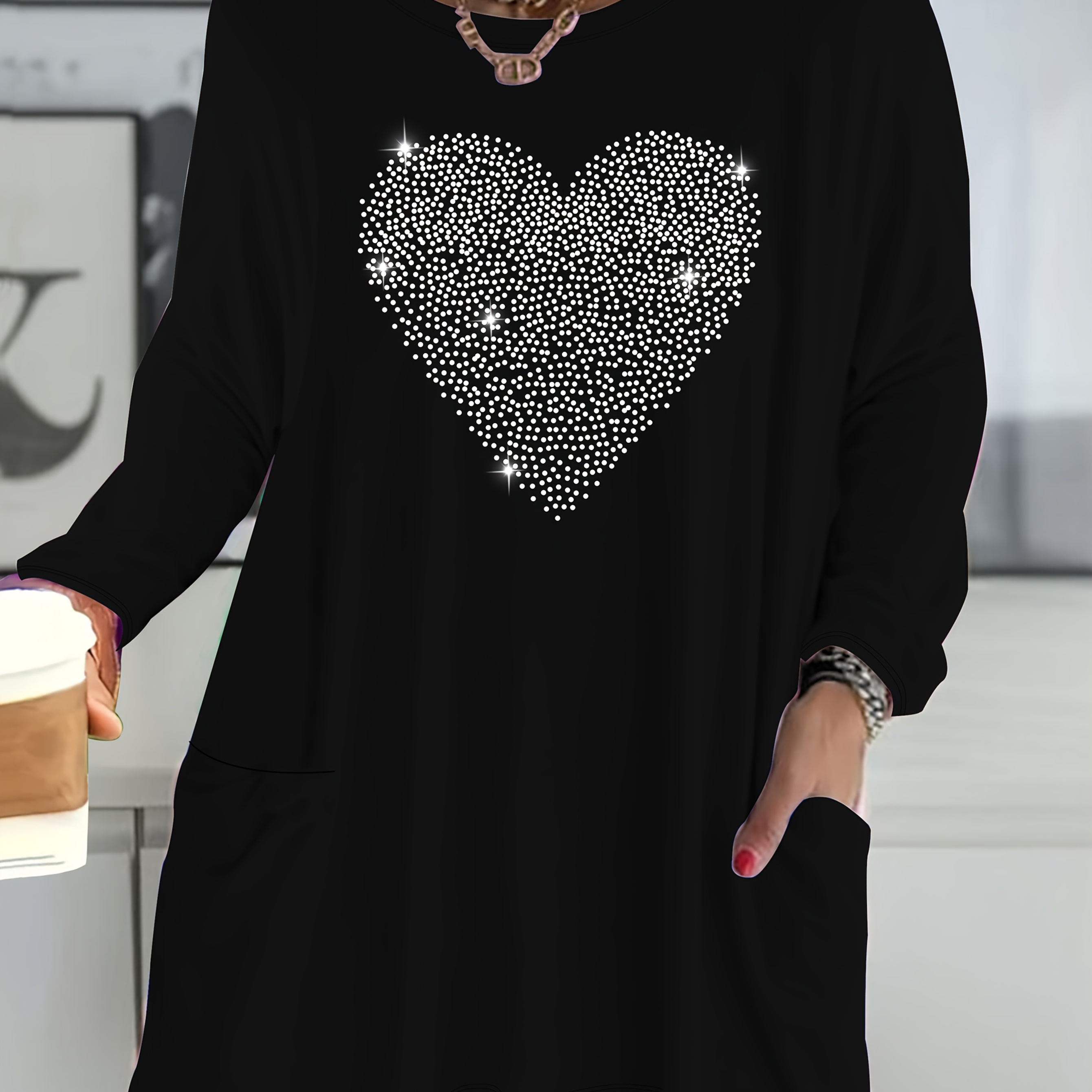 

Women's Plus Size Casual Long Sleeve T-shirt With Rhinestone , Round Neck & - Black Stretchy Polyester Top For Casual Attire