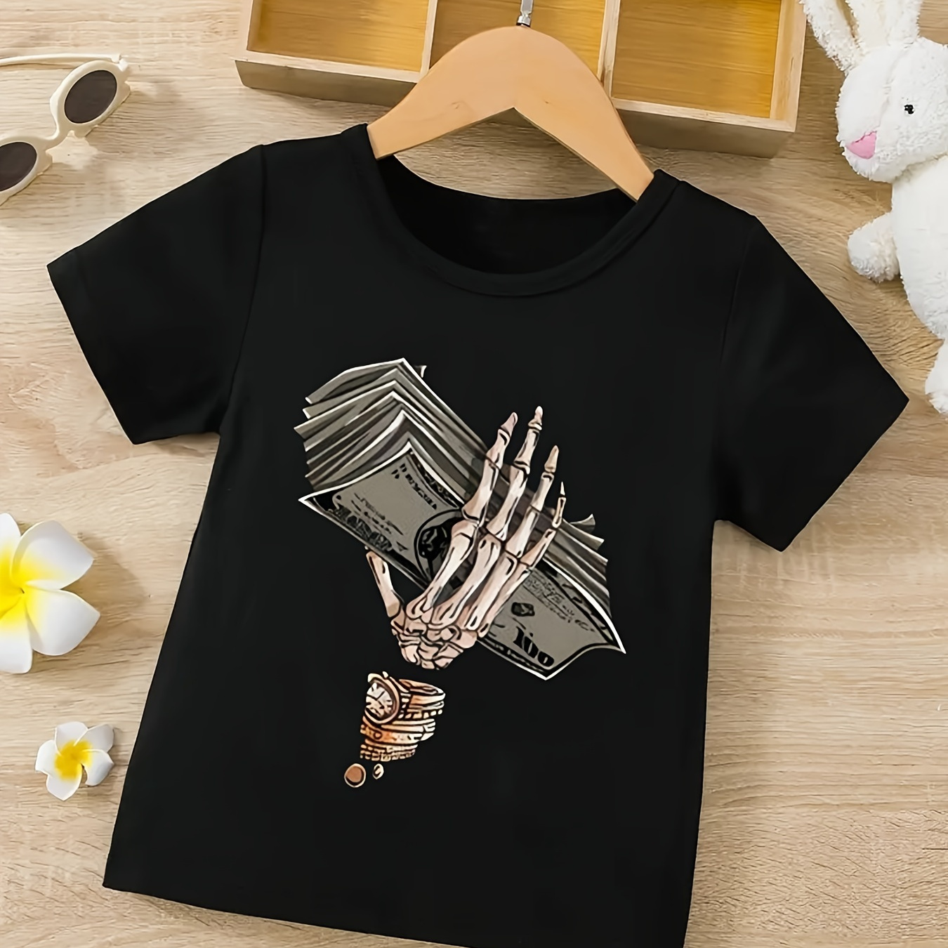 

Skeleton And Cash Graphic Short Sleeve Crew Neck T-shirt, Casual Tee Tops Summer Gift, Boys' Clothing