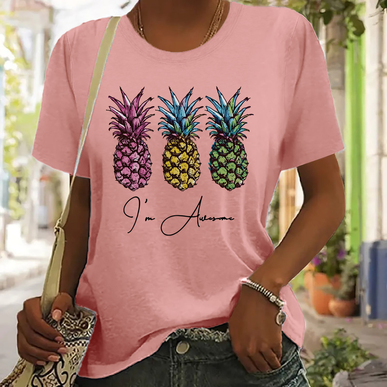 

Pineapple Print T-shirt, Short Sleeve Crew Neck Casual Top For Summer & Spring, Women's Clothing