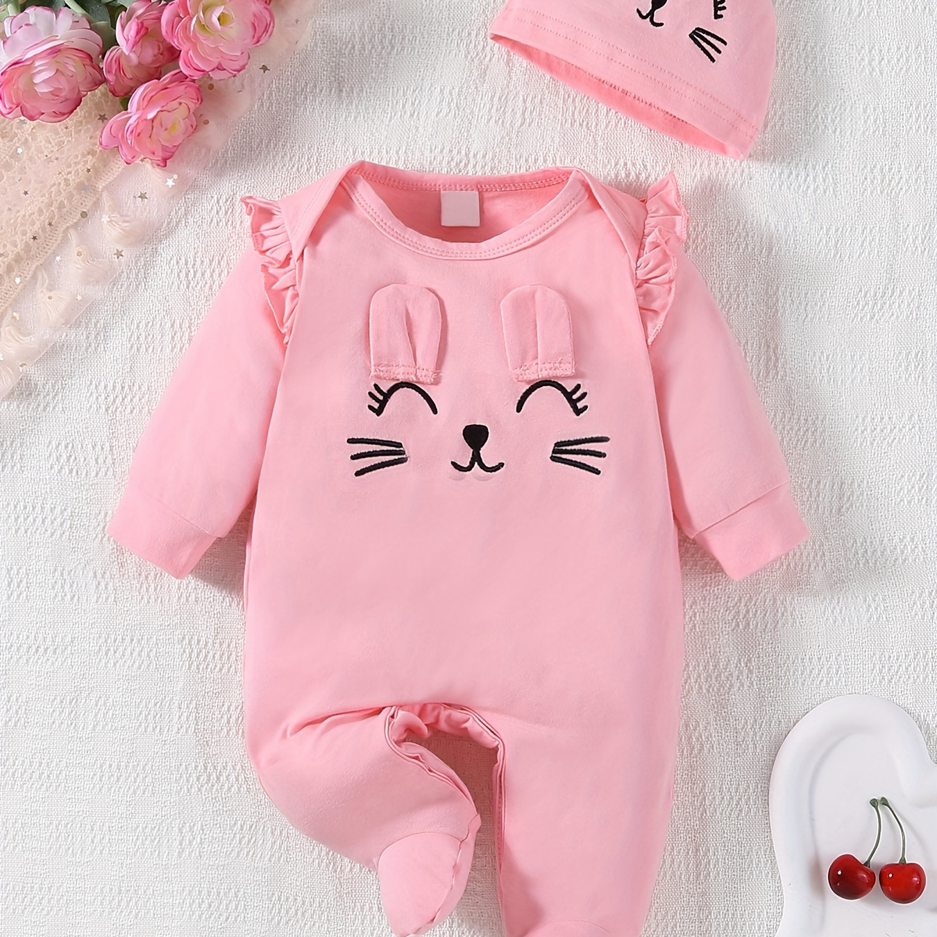 

New Born Baby's Happy Bunny Print Cotton Footed Bodysuit, Casual Long Sleeve Romper, Toddler & Infant Girl's Onesie For Spring Fall, As Gift