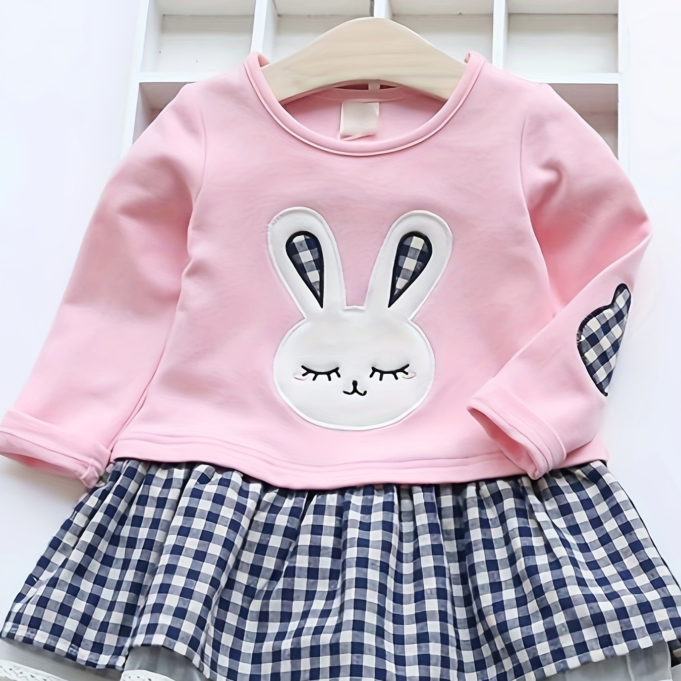 

Girls Long Sleeve Dress With Cartoon Bunny Embroidery,