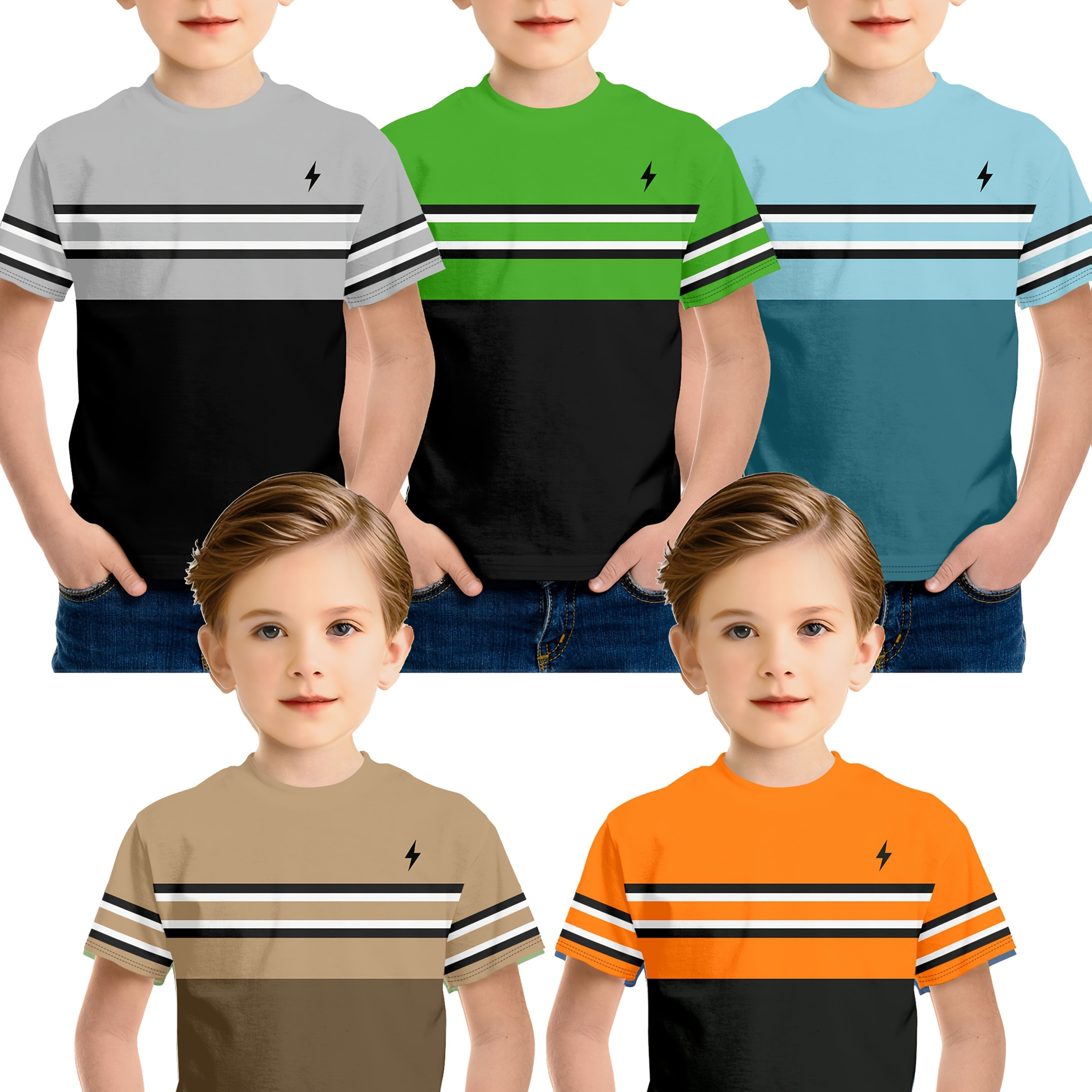 

5pcs Boys' Short Sleeve T-shirts, Summer Casual Crew Neck Tops With Print, 100% Polyester Knit Fabric, Regular Fit For Daily Outdoor Activities