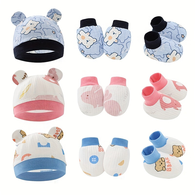 Newborn Infant Knitted Head Wrap Hospital Hat Turban Cartoon 3 Pcs Sets Newborn Ears Hat & Mittens Gloves & Non-slip Socks, Soft Cotton Material, Beanie Cap Set For Baby Boys & Girls