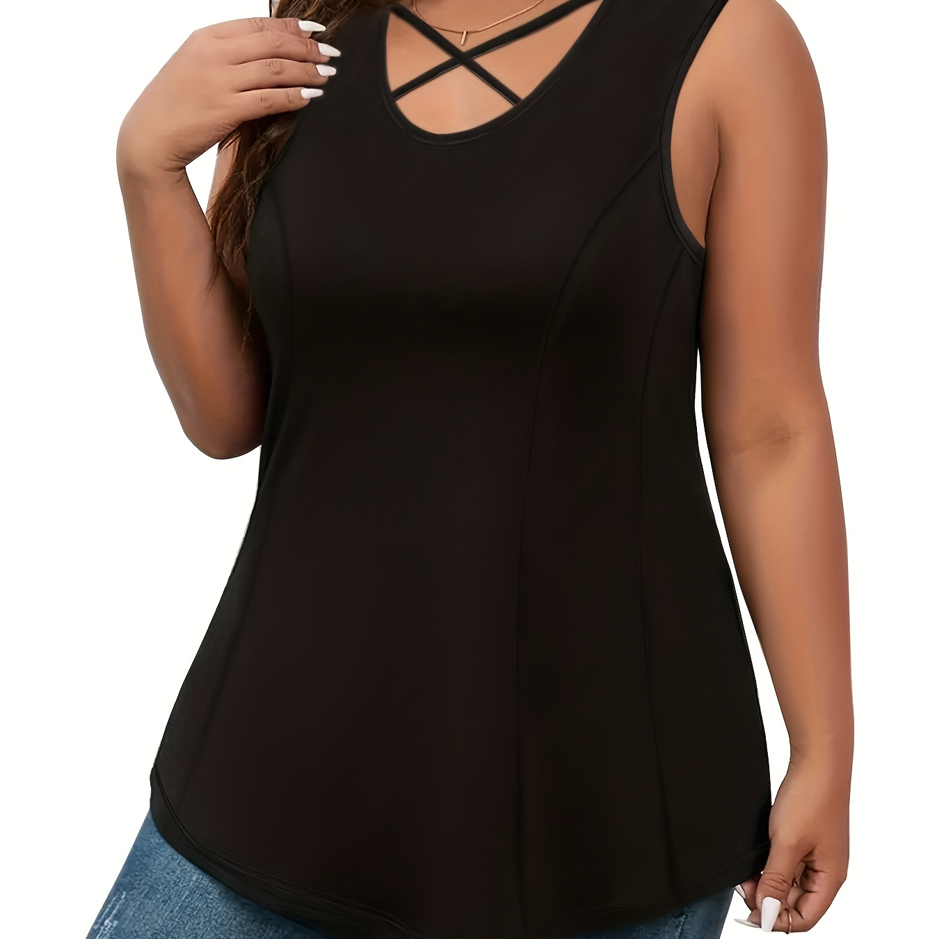 

Plus Size Casual Tank Top, Women's Plus Solid Criss Cross V Neck Slight Stretch Tank Top