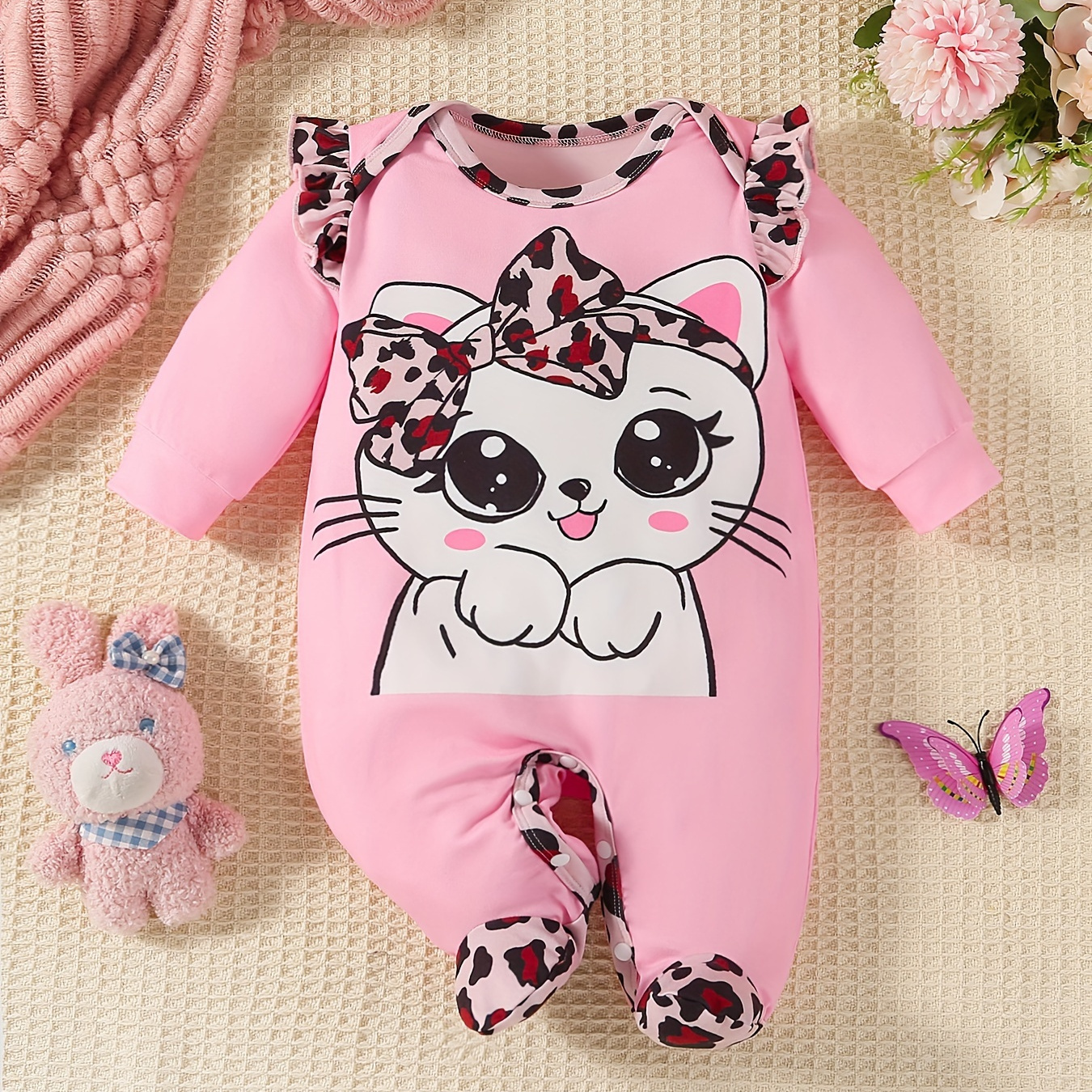 

Cute Animal Print Long Sleeve Footie Onesie For Infants – Polyester Knit Fabric With Spandex, Crew Neck, Leopard Patterned Cat Design, Slight Stretch, Regular Fit, Fall/