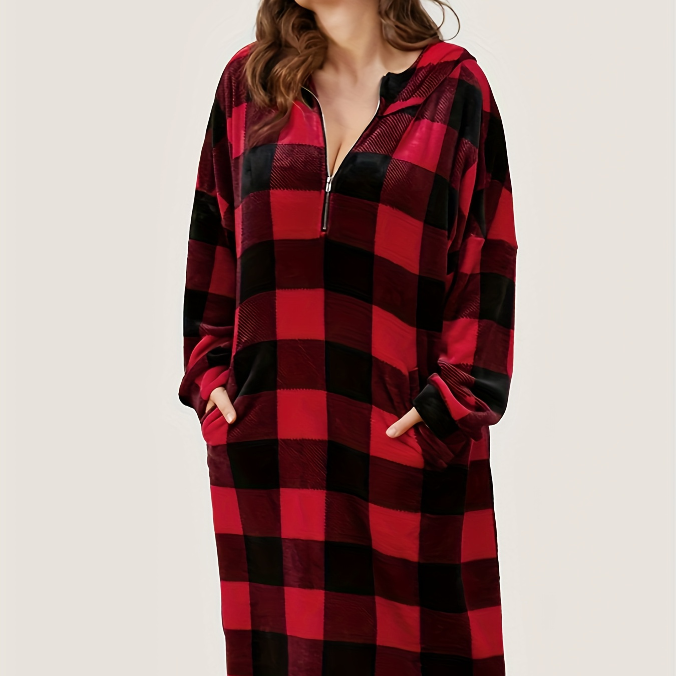 Plus Size Plaid Print Zipper Fleece Hooded Long Sleeve Nightgown With Pockets, Women's Plus Casual Loungewear Robe