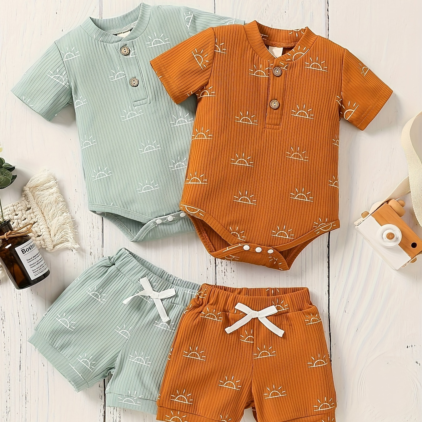 

2-piece Baby Girls Boys Summer Short Sleeve Cotton Outfit Set, Casual Striped Print Romper With Matching Shorts, Comfortable & Fresh Style For Infants