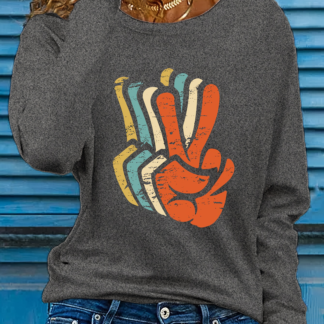 

Women's Peace Sign Graphic Long Sleeve T-shirt - Casual Crew Neck, Vibrant , Polyester, Machine Washable - Spring & Fall