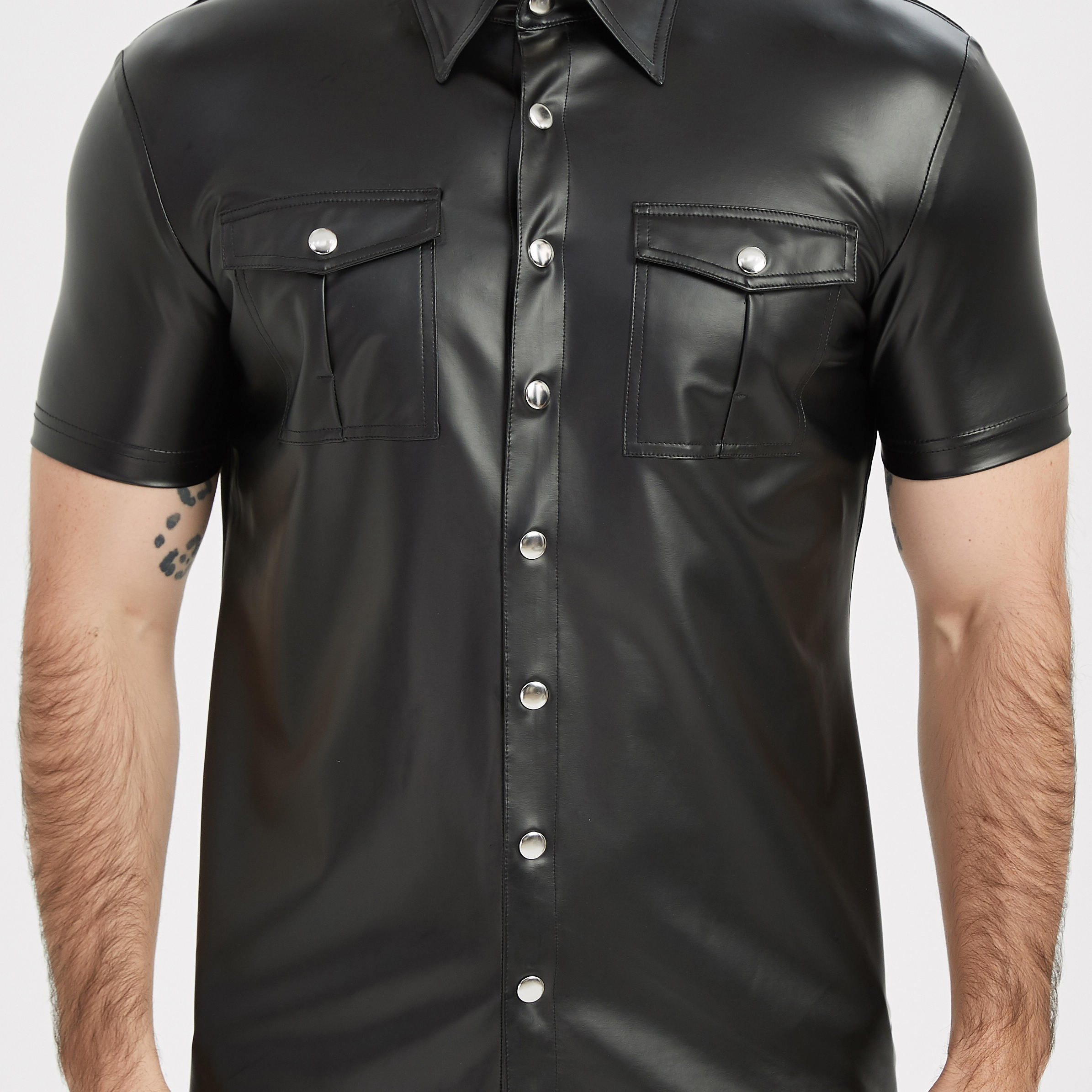 

Chemise En Cuir PU Pour Homme À Manches Courtes, Style Streetwear, Col Boutonné, Haut De Moto Pour Soirée Clubwear Quotidienne