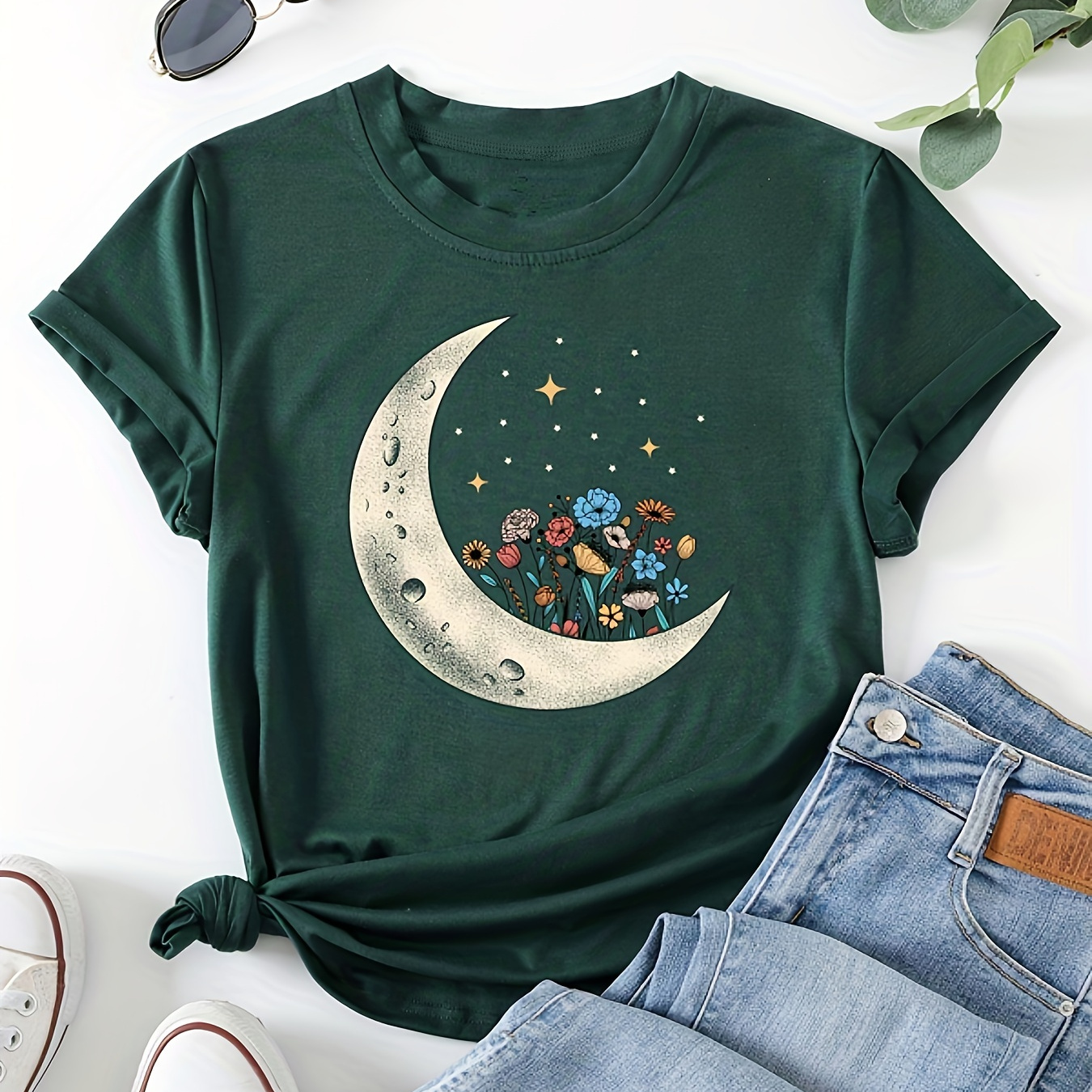 

Moon Print T-shirt, Short Sleeve Crew Neck Casual Top For Summer & Spring, Women's Clothing