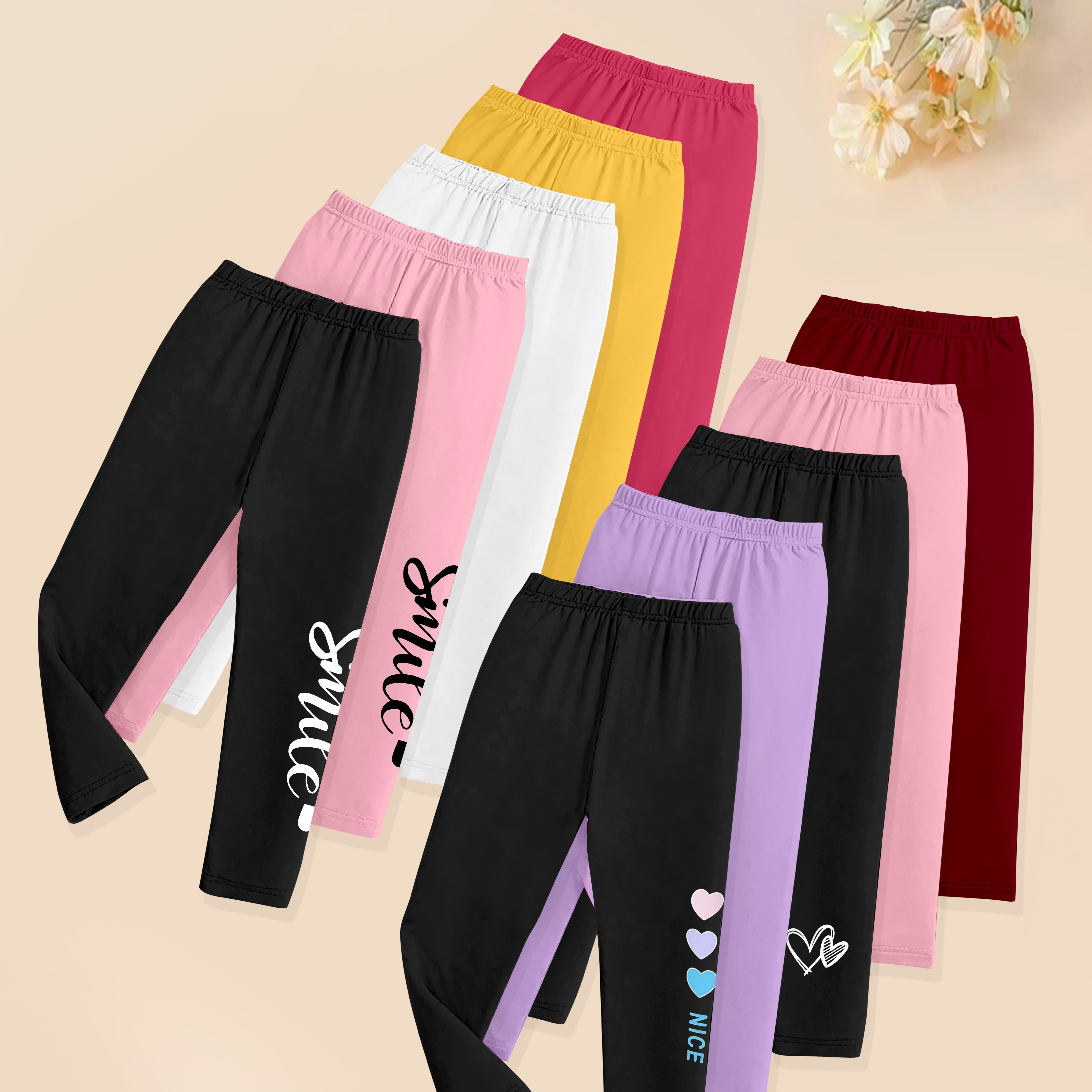 

Girls' Fashion Casual Leggings With Heart And Letter Print, 10pcs, Polyester And Elastane, Machine Washable