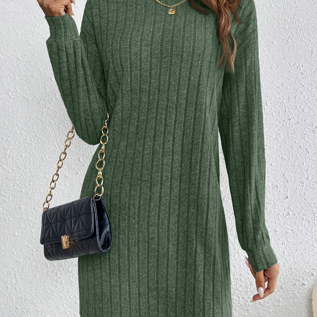 

Elegant Green Ribbed Turtleneck Long Sleeve Dress For Women - Chic Knee-length, Solid Color, Polyester & Spandex , Fall/winter, Machine Washable