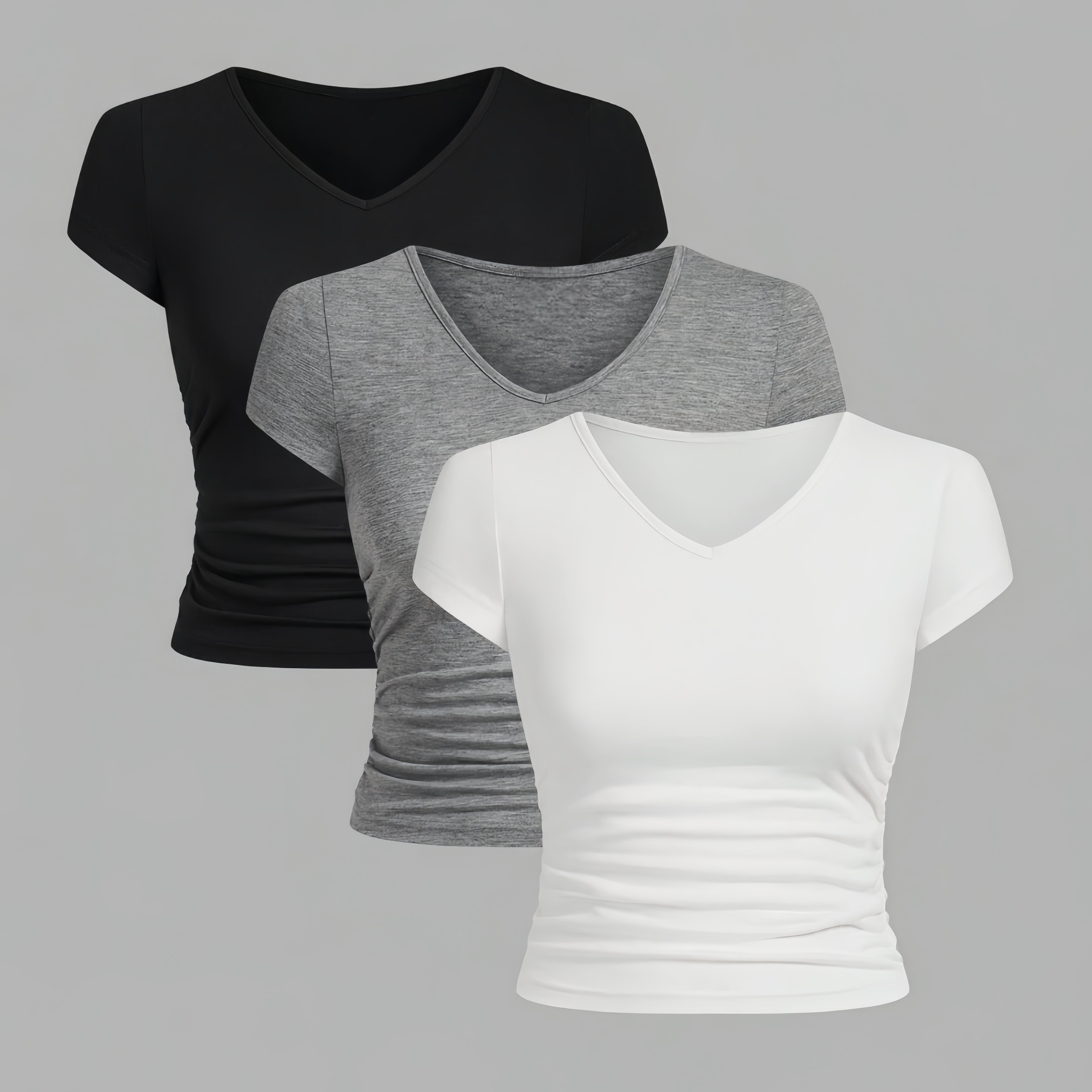 

3pcs Solid Color V-neck Slim T-shirt, Casual Short Sleeve Crop Top For , Women's Clothing