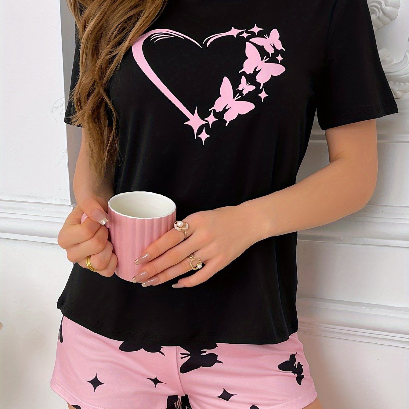 

Casual Heart & Butterfly Print Pajama Set, Short Sleeve Round Neck Top & Elastic Shorts, Women's Sleepwear & Loungewear