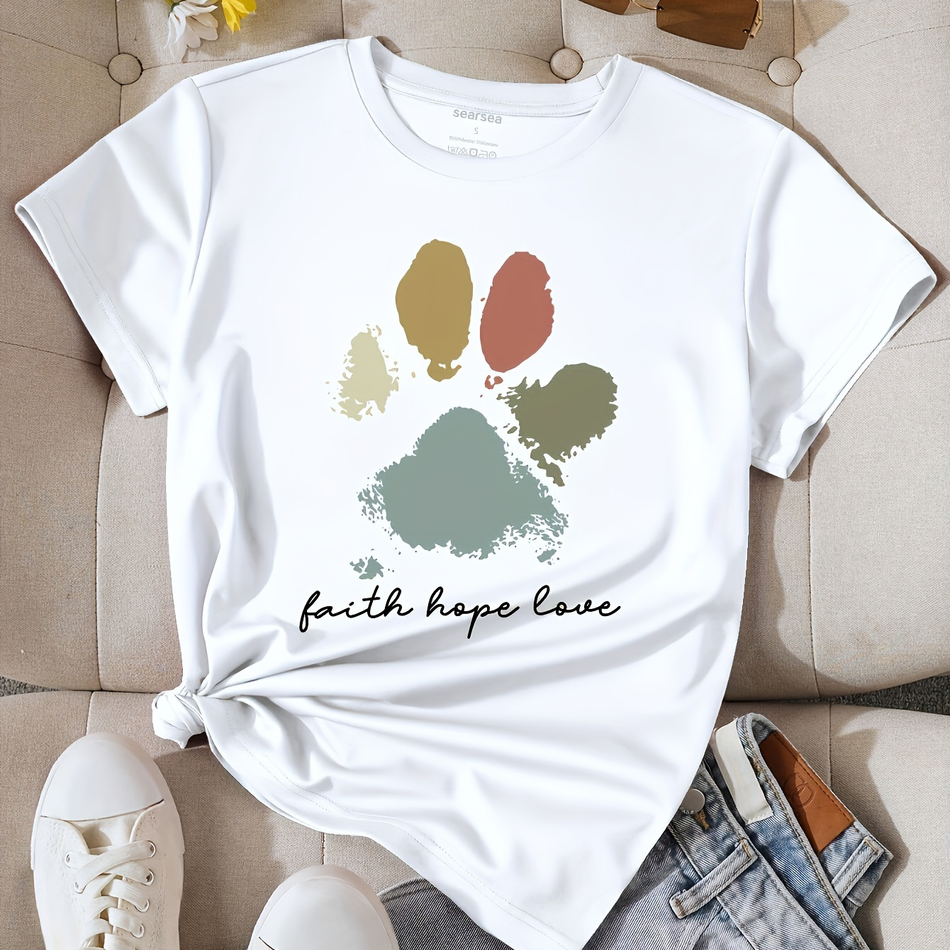 

Faith Hope Love Print Crew Neck T-shirt, Casual Short Sleeve T-shirt For Spring & Summer, Women's Clothing