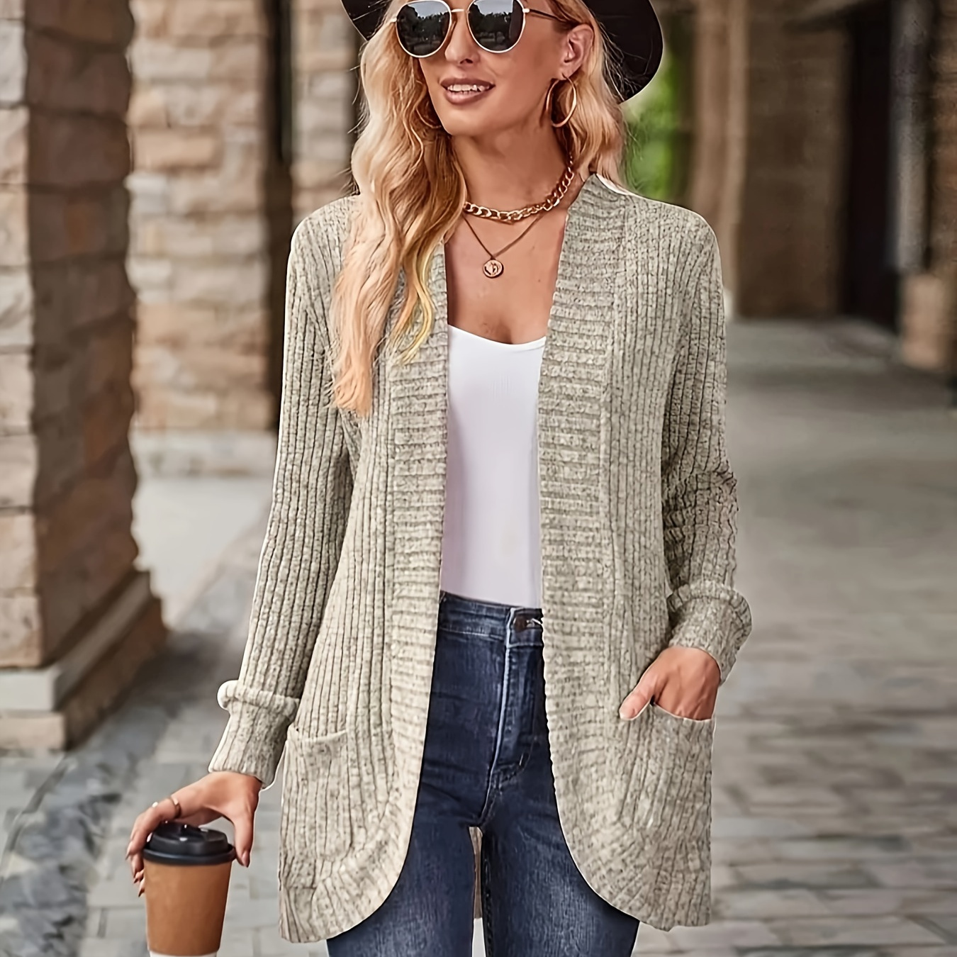 

Solid Ribbed Open Front Cardigan, Elegant Long Sleeve Patched Pocket Slim Cardigan For Spring & Fall, Women's Clothing