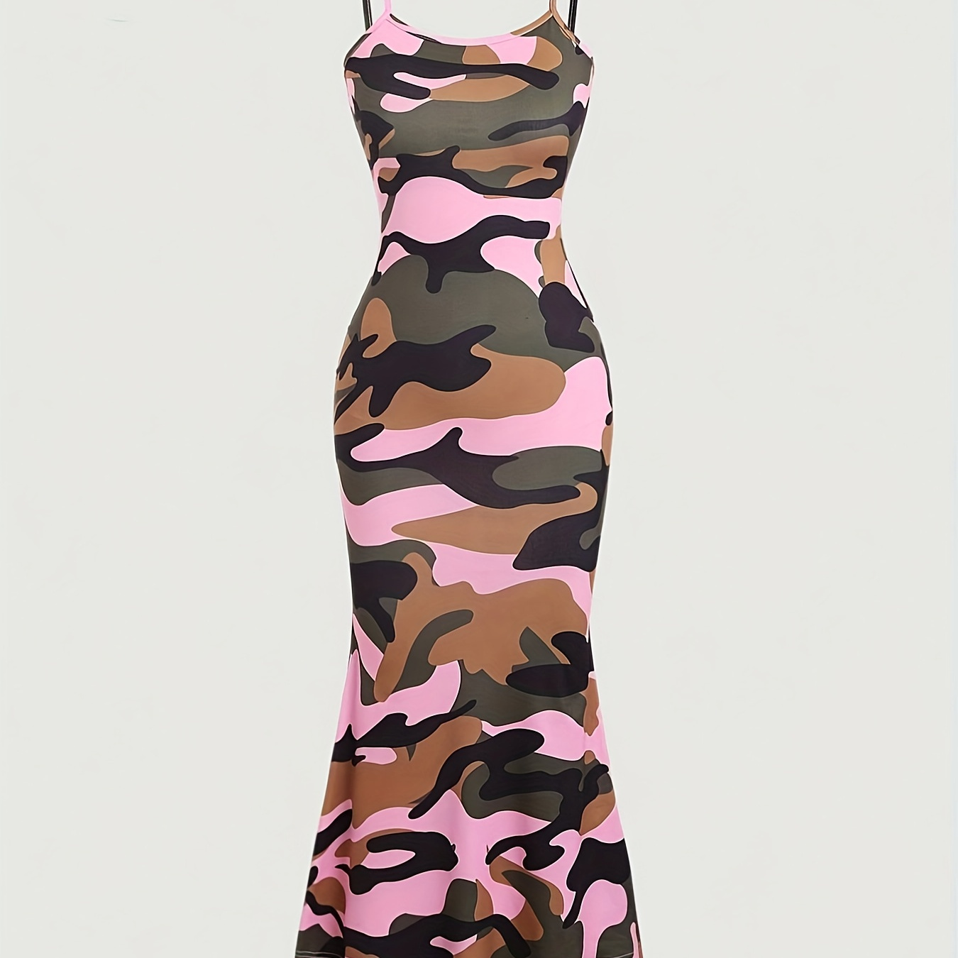 

Camo Print Mermaid Hem Cami Dress, Versatile Sleeveless Slim Dress For Spring & Summer, Women's Clothing