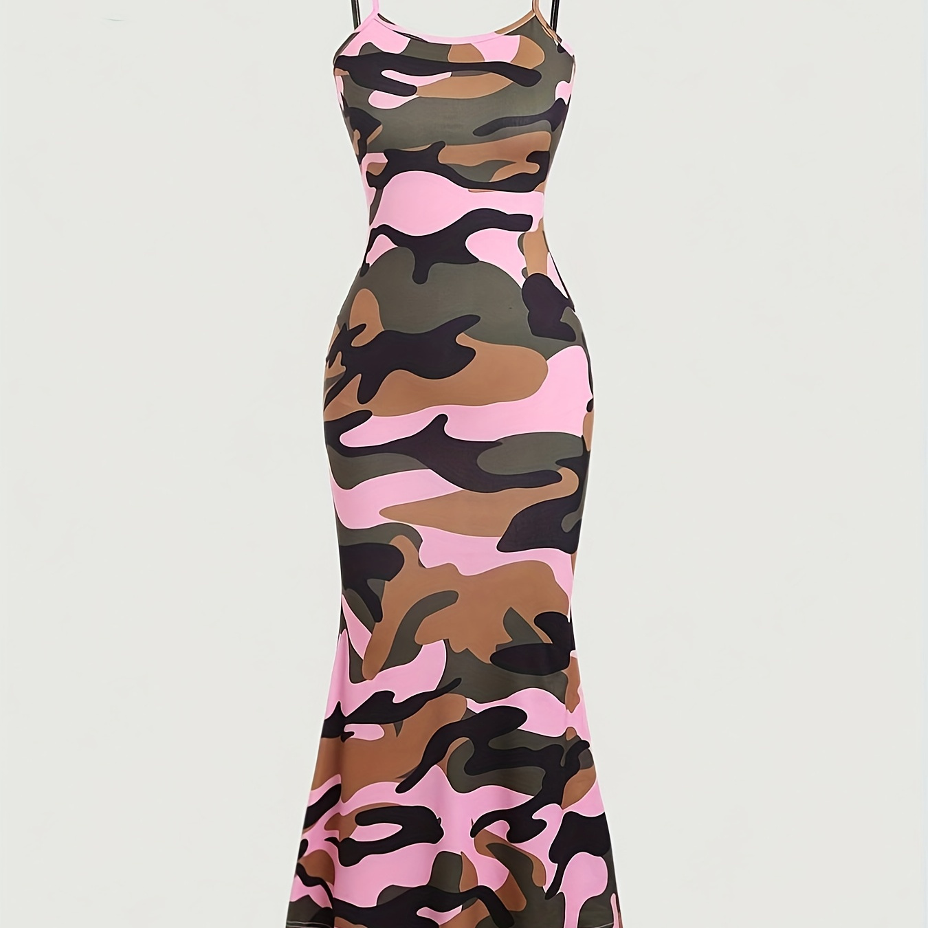 

Robe Camisole Imprimée Camouflage Ourlet Sirène, Robe Slim Sans Manches Polyvalente Pour Le Printemps Et L'été, Vêtements Pour Femmes