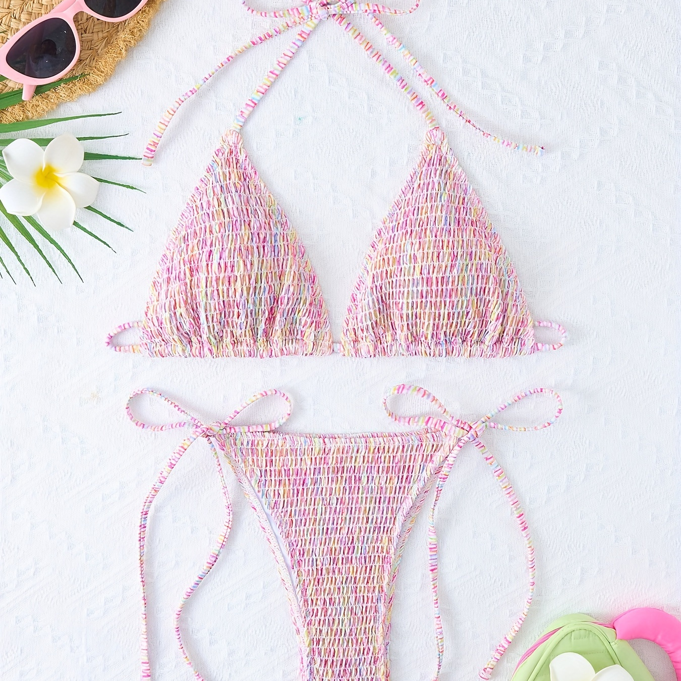 

Women's 2-piece Floral Print Bikini Set, Ruched Tie Sides, Triangle Smocked Halter Neck, Sexy Cute Beachwear