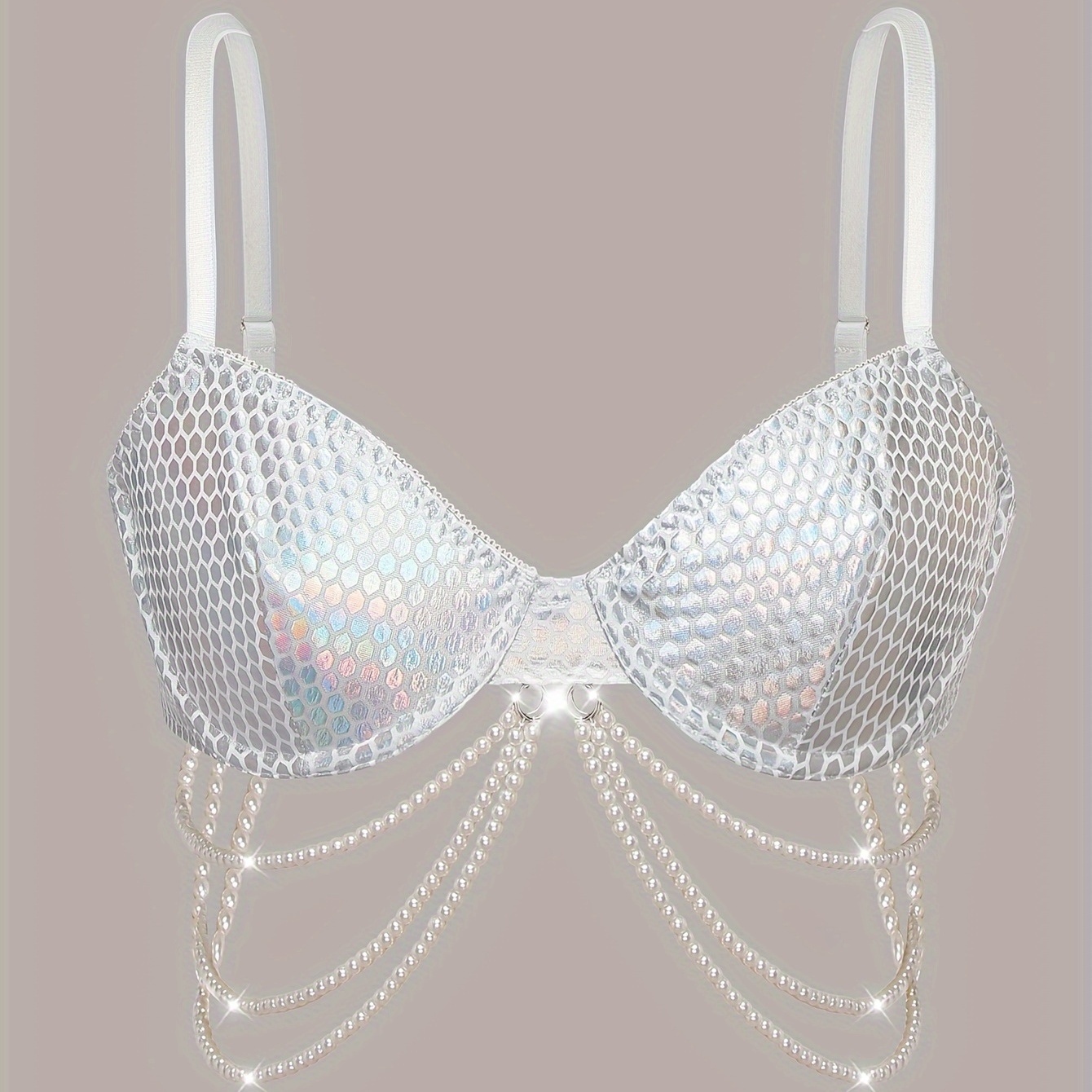 

Faux Pearl Chain Detail Bra, Shiny Geo Pattern Bra, Women's Sexy Lingerie & Underwear