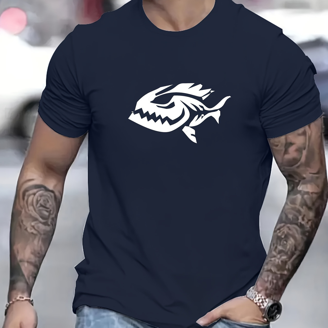 

Fish Graphic Print Casual Crew Neck Short Sleeves For Men, Quick-drying Comfy Casual Summer T-shirt For Daily Wear Work Out And Vacation Resorts