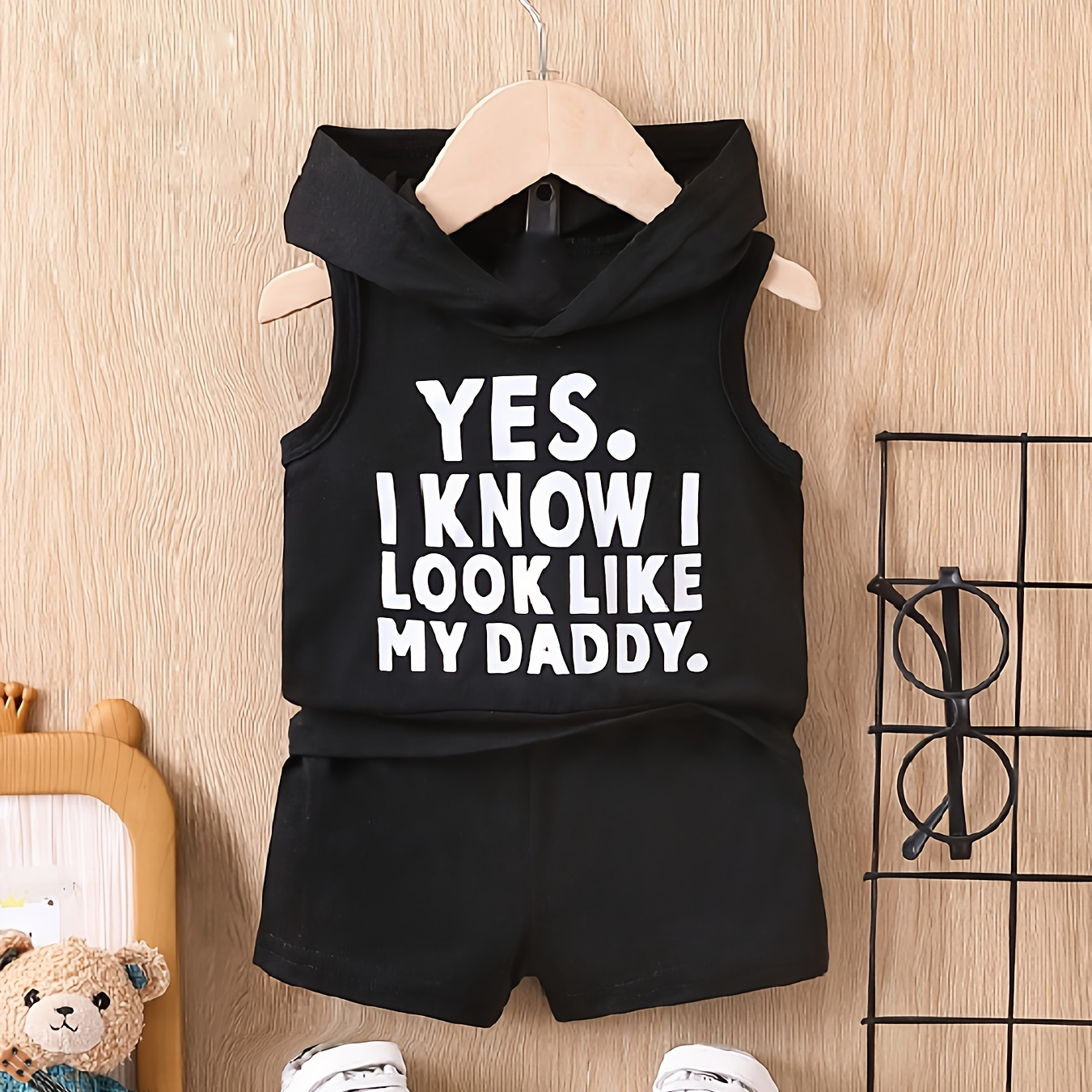 

2pcs Infant & Toddler's Yes I Know I Look Like My Daddy Letter Print Summer Set, Sleeveless Tank Top & Casual Shorts, Baby Boy's Clothes