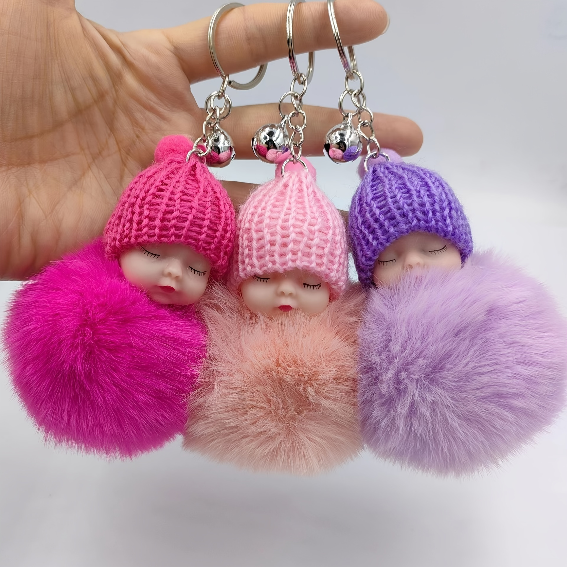 Heiheiup Pendant Baby Chains Bags PomPom Keyrings Cute Doll Key Charm  Sleeping Keychains Purse Key Hook 
