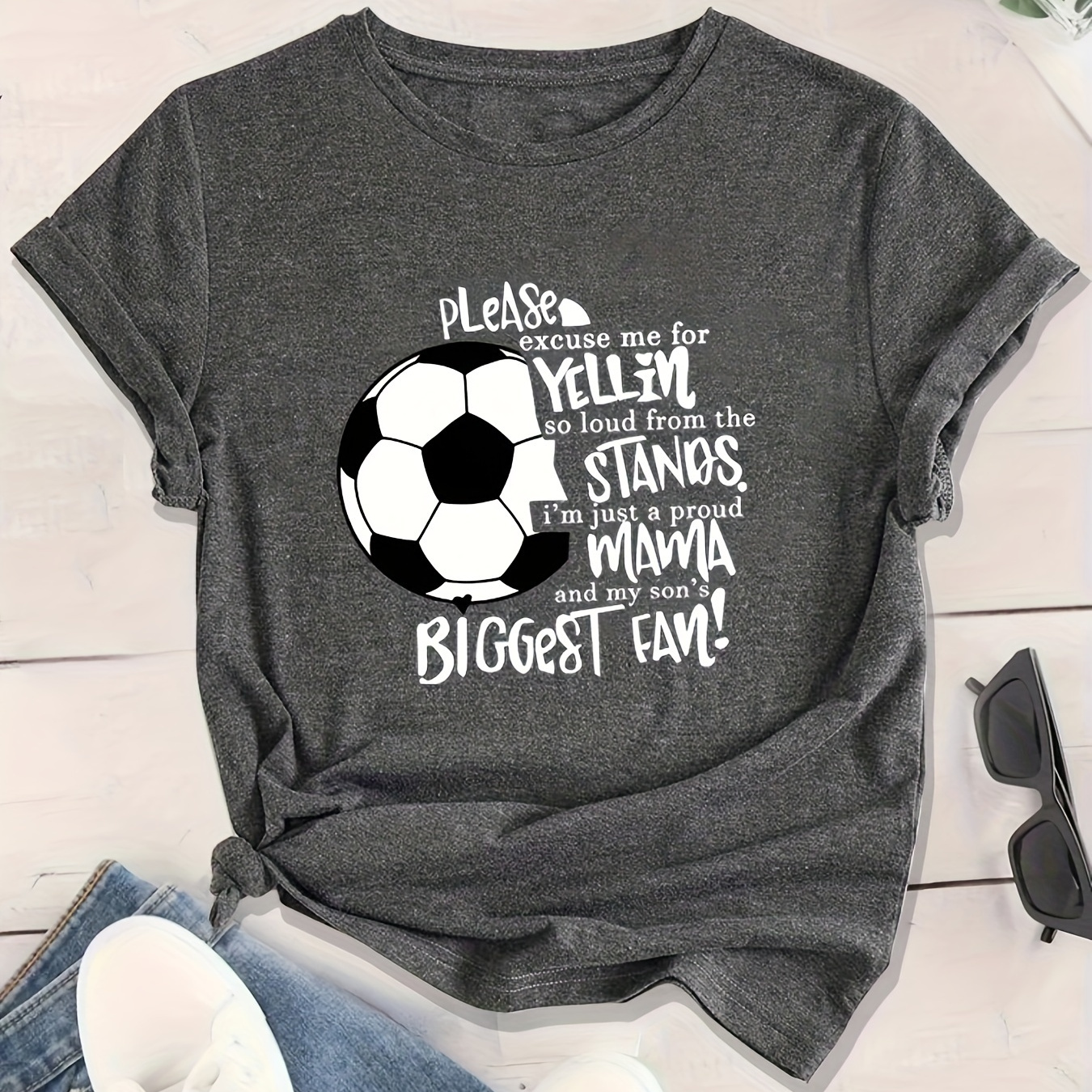 

Football & Letter Print T-shirt, Short Sleeve Crew Neck Casual Top For Summer & Spring, Women's Clothing