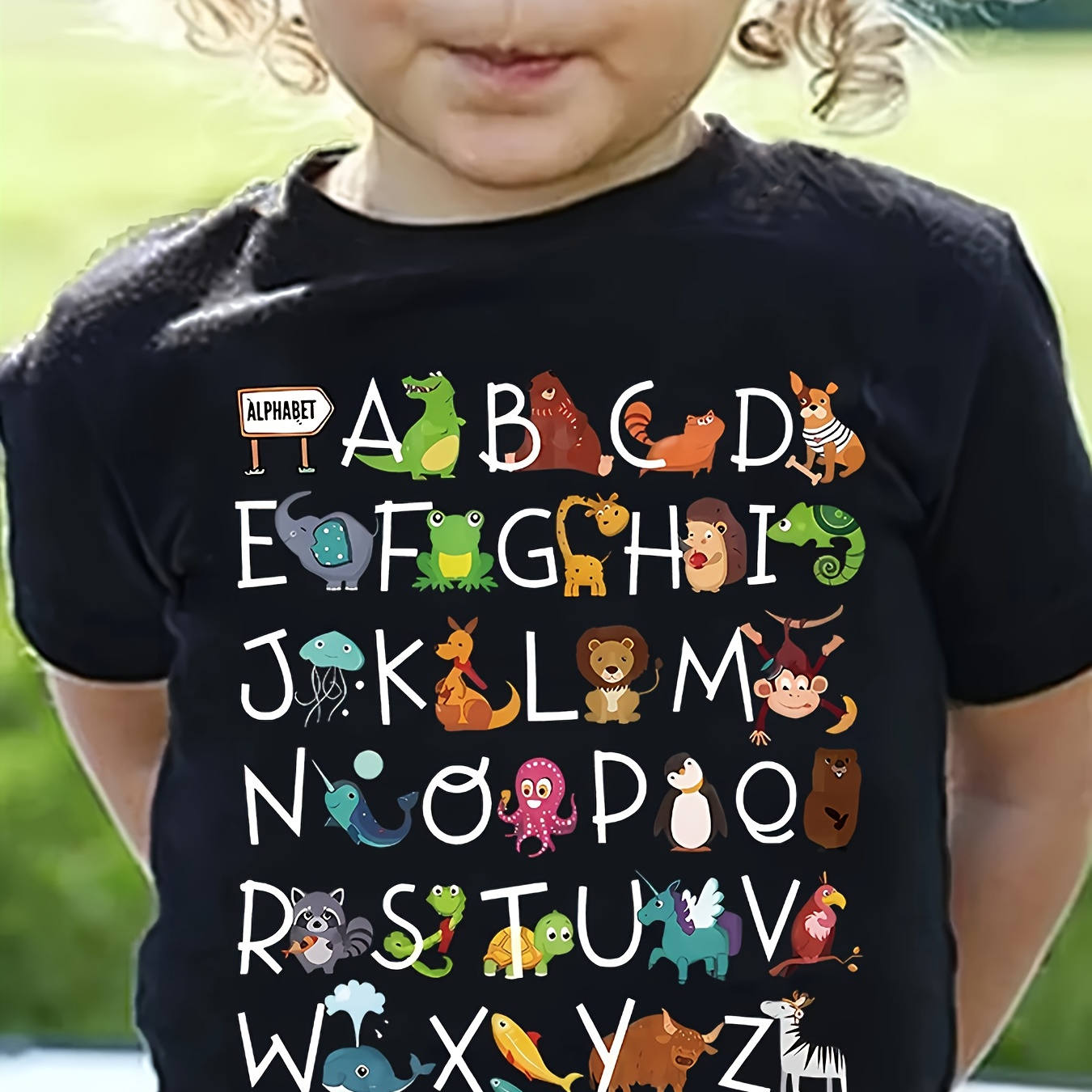 

Girls Alphabet Cartoon Animals Print T-shirt, Girls Cute Casual Crew Neck Short Sleeve Summer Top, Toddler Knitted Tee, Black