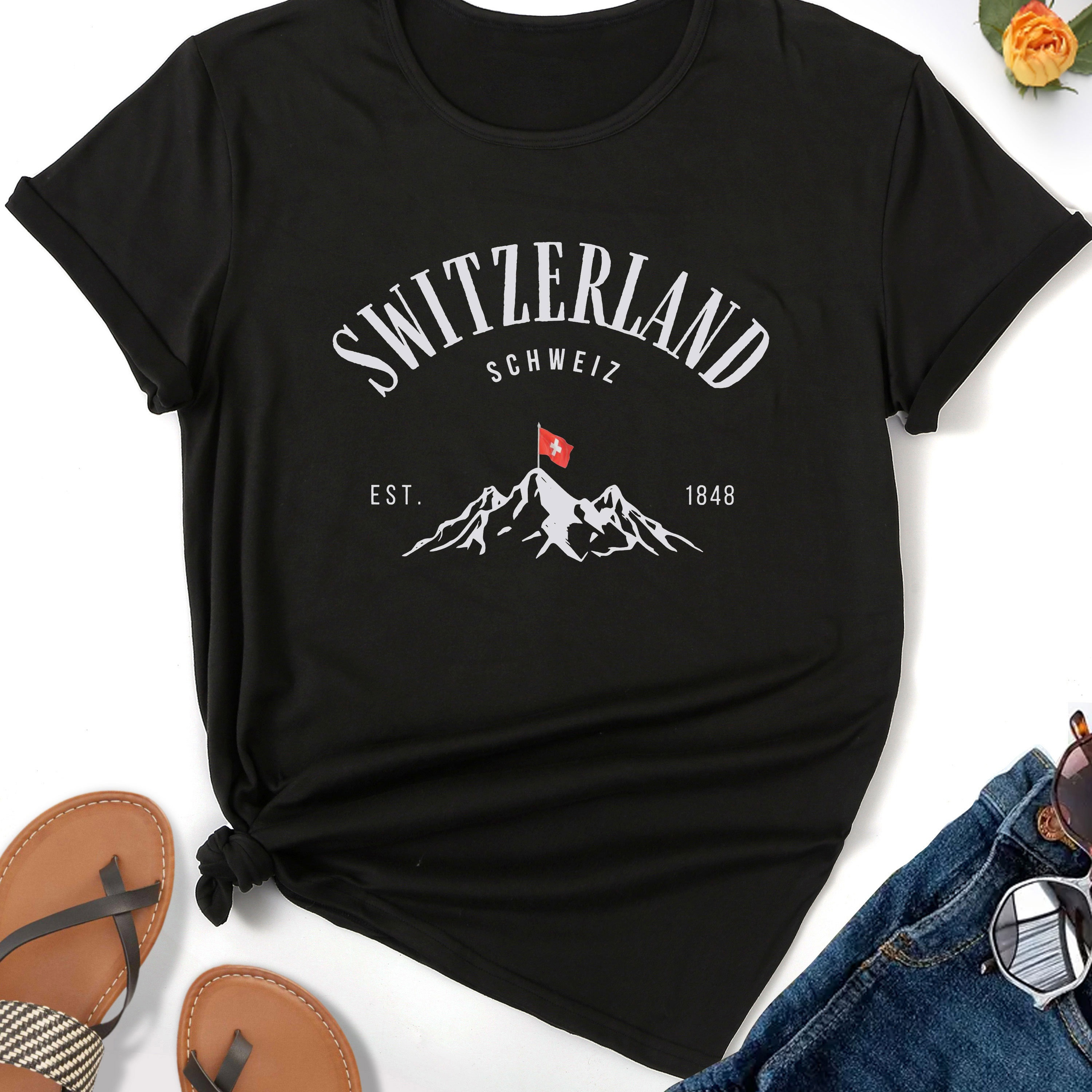 

Switzerland Print T-shirt, Casual Crew Neck Short Sleeve Top For Spring & Summer, Women's Clothing