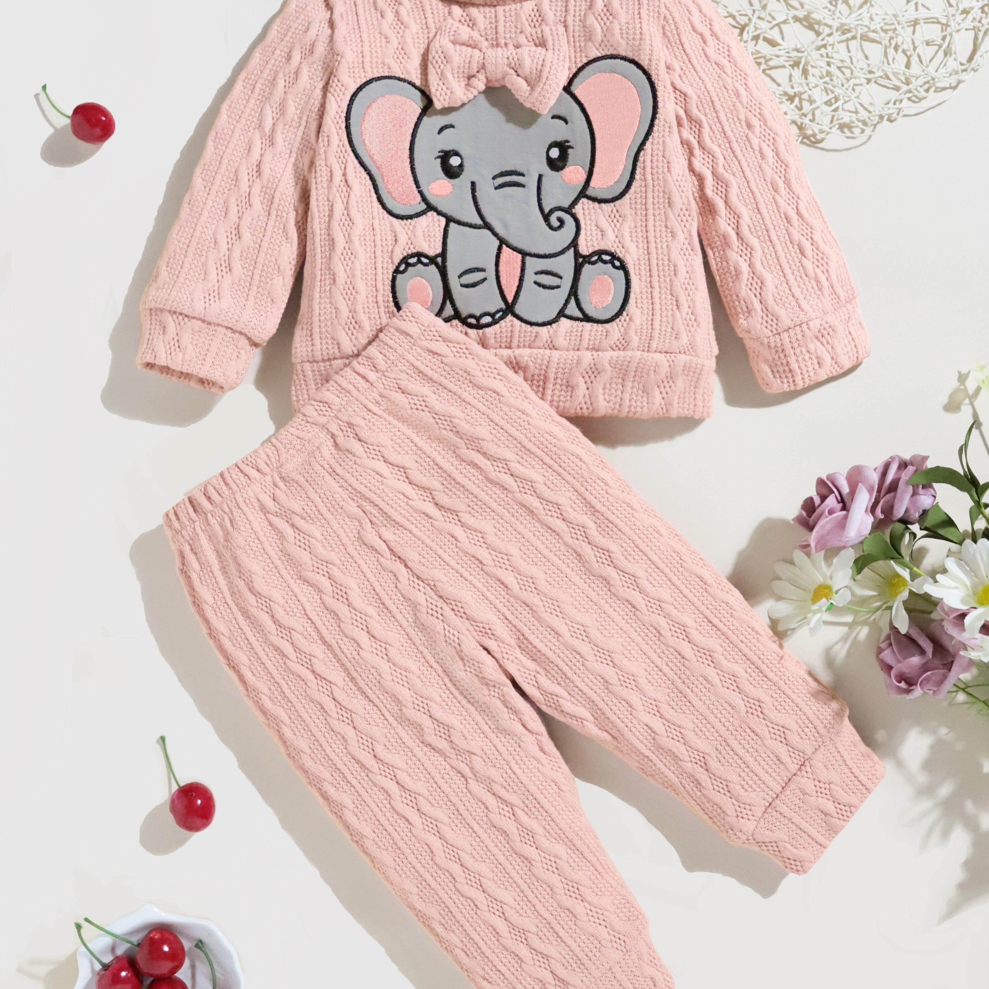 

2pcs Baby's Bow Elephant Patchwork Warm Sweater + Casual Knitted Pants, Toddler & Infant Girl's Clothing Set