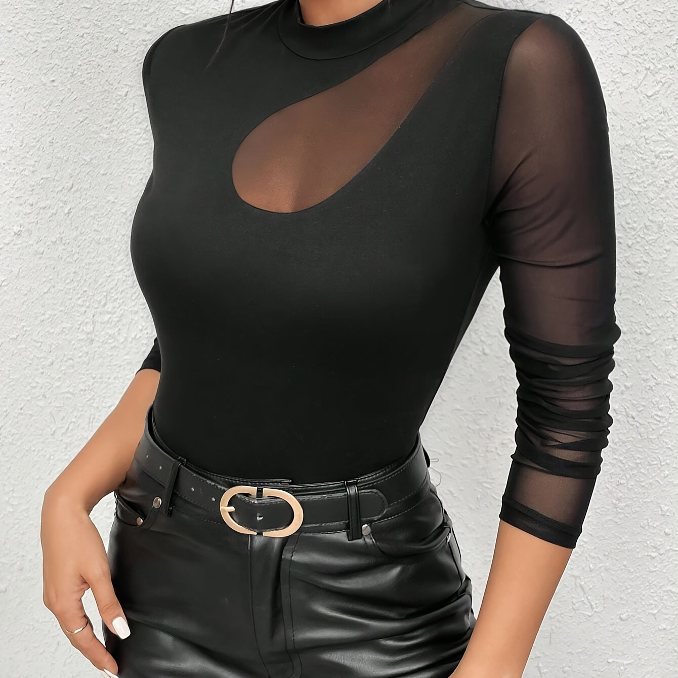 

Mesh Sheer Long Sleeve T-shirt, Elegant Slim Crew Neck Top For Spring & Fall, Women's Clothing