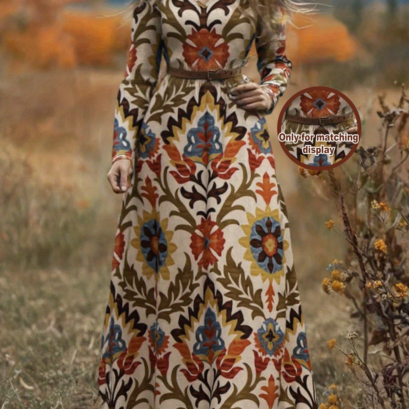 Autumn/* Vintage * Print V-Neck Long Sleeve Elegant Dress for Vacation Travel, Artistic Women's Literary Style Maxi Dress Autumn/* Vintage * Print V-Neck Long Sleeve Elegant Dress for Vacation Travel, Artistic Women's Literary Style Maxi Dress
