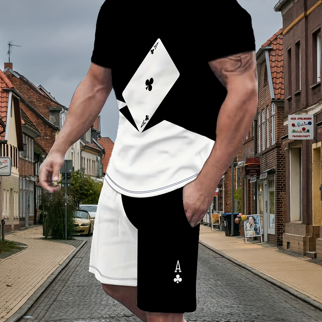 

Men's Outfit, Poker Graphic Print Casual Crew Neck Short Sleeve T-shirt & Shorts 2-piece Set For Summer Outdoor Activities