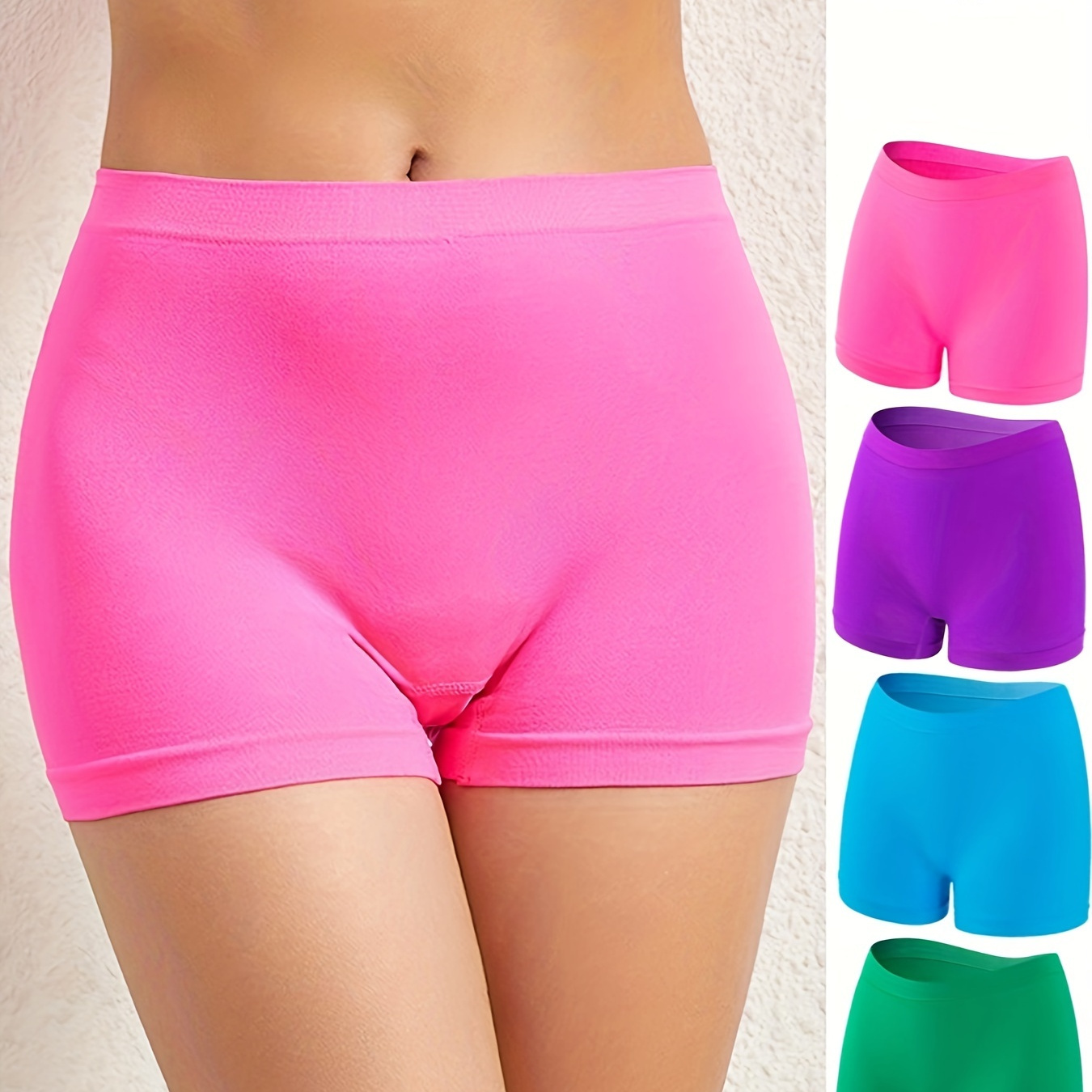 

4pcs Women's Simple Panties Set, Plus Size Seamless Solid Elastic Mid Waist Soft Boy Shorts