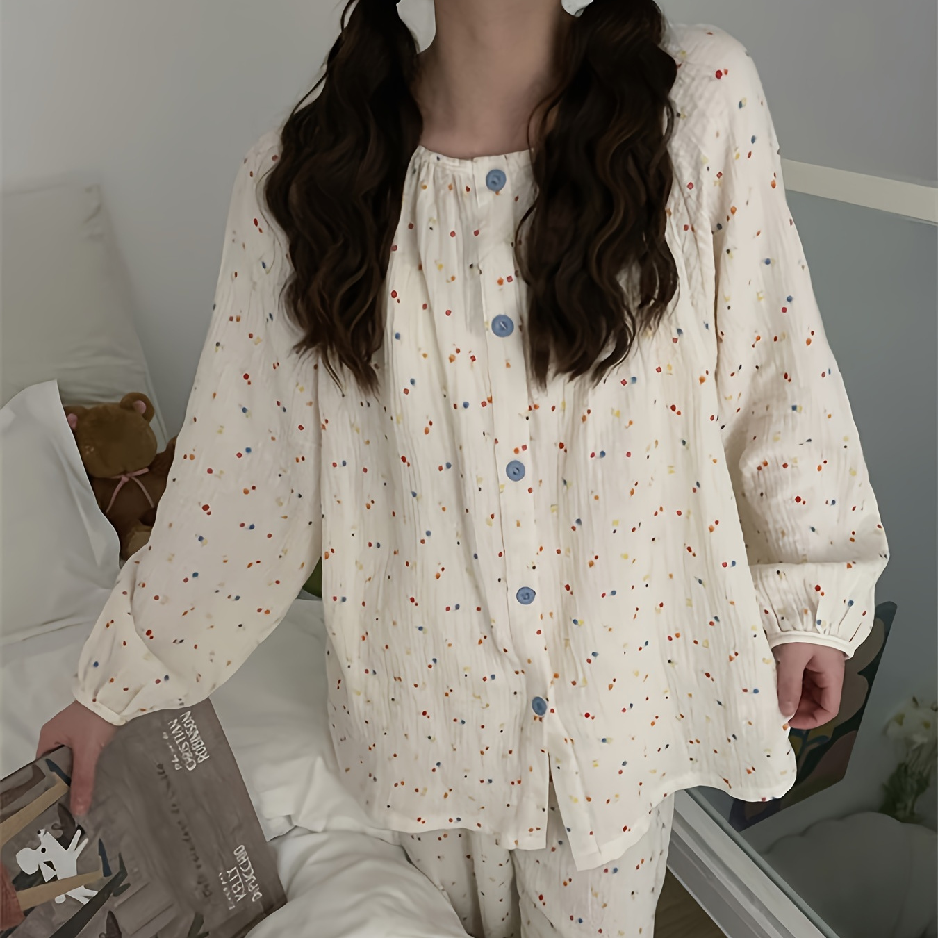 

Colorful Floral Print Pajama Set, Long Sleeve Buttons Top & Elastic Waistband Pants, Women's Sleepwear & Loungewear
